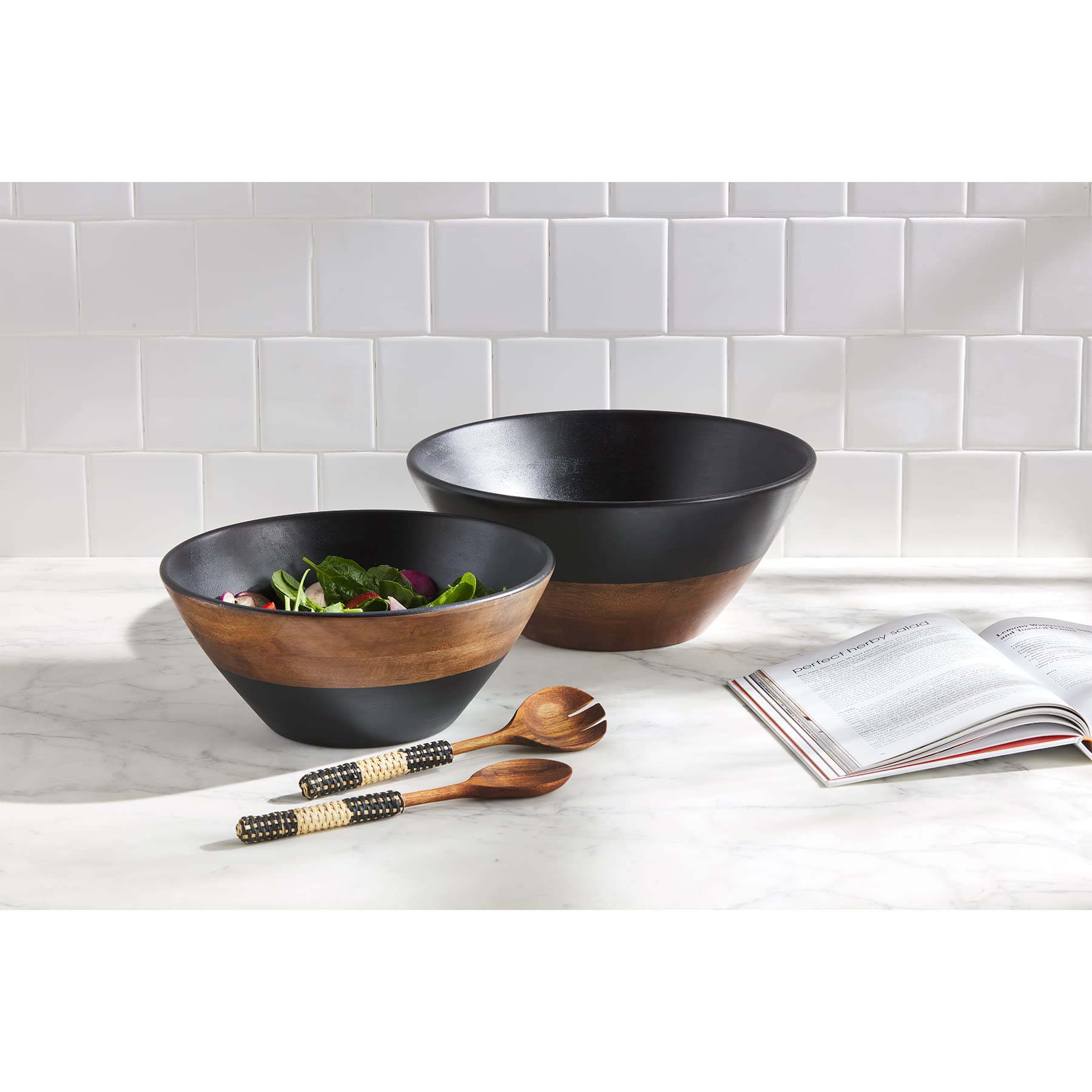 Mud Pie Wood Nested Bowls, Black, Small 5'' X 12'' Dia | Large 6'' X 14'' Dia