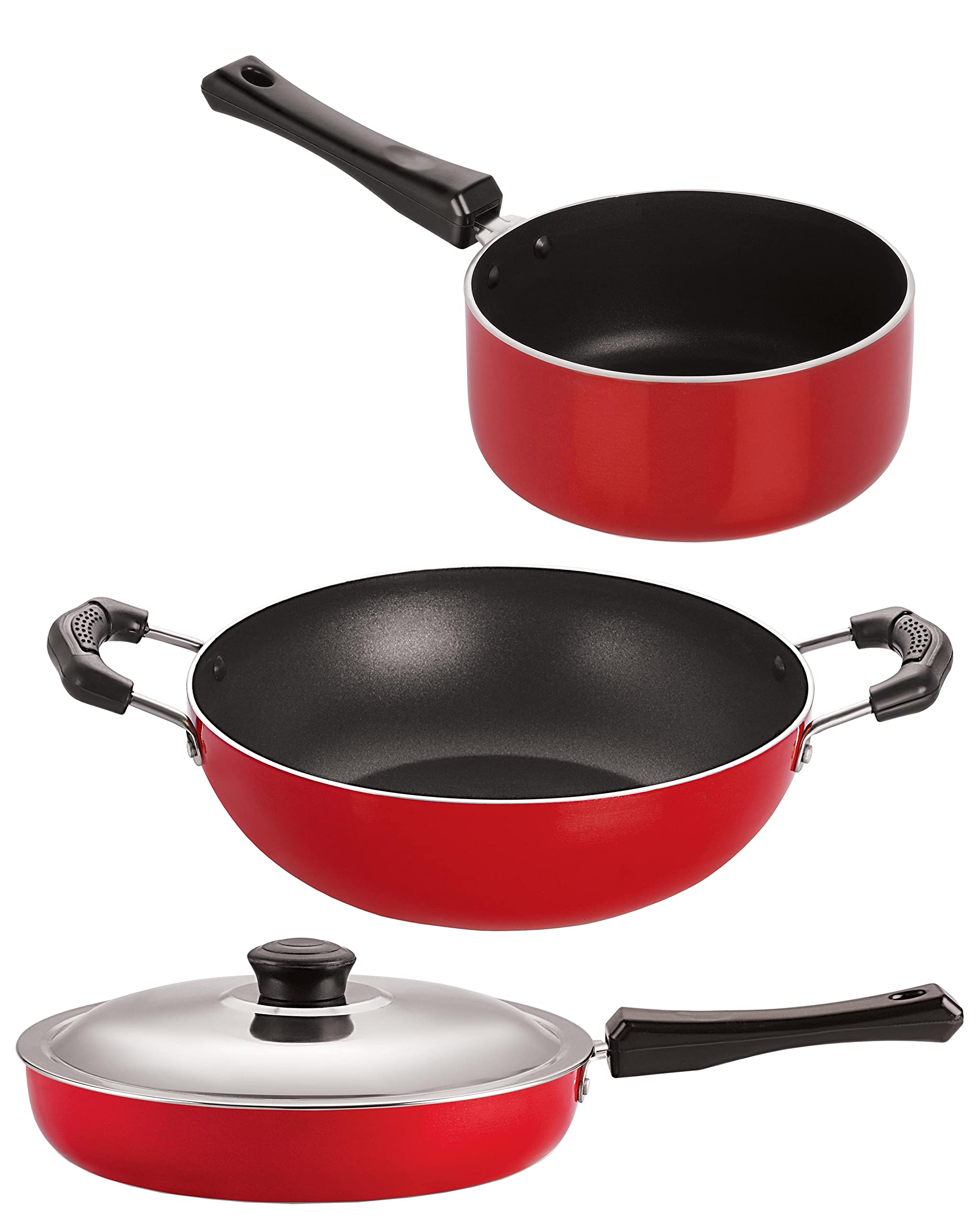 Combo Set Of Fry Pan & Kadai (Fry Pan With Stainless Steel Lid 2.25 Liter, Kadai 2 Liter, Sauce Pan Big 1.8 Liter)