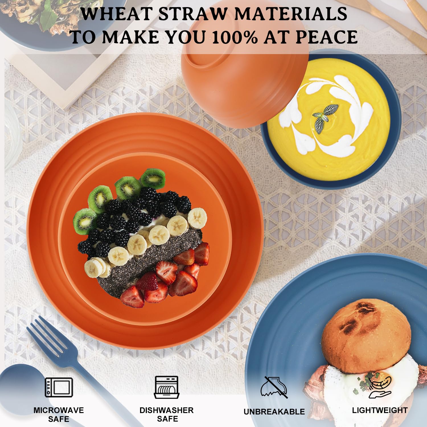 28 Piece Wheat Straw Dinnerware Sets,Dishwasher & Microwave Safe Plates And Bowls Sets - Unbreakable Plastic Dinnerware Sets For