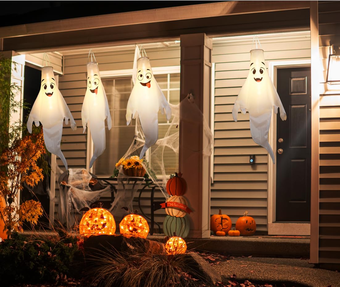 Btanadi Halloween Ghost Decorations Outdoor: with Timer, 4 Pcs Cute Hanging Ghost for Tree Porch Garden Yard, Waterproof LED Gho