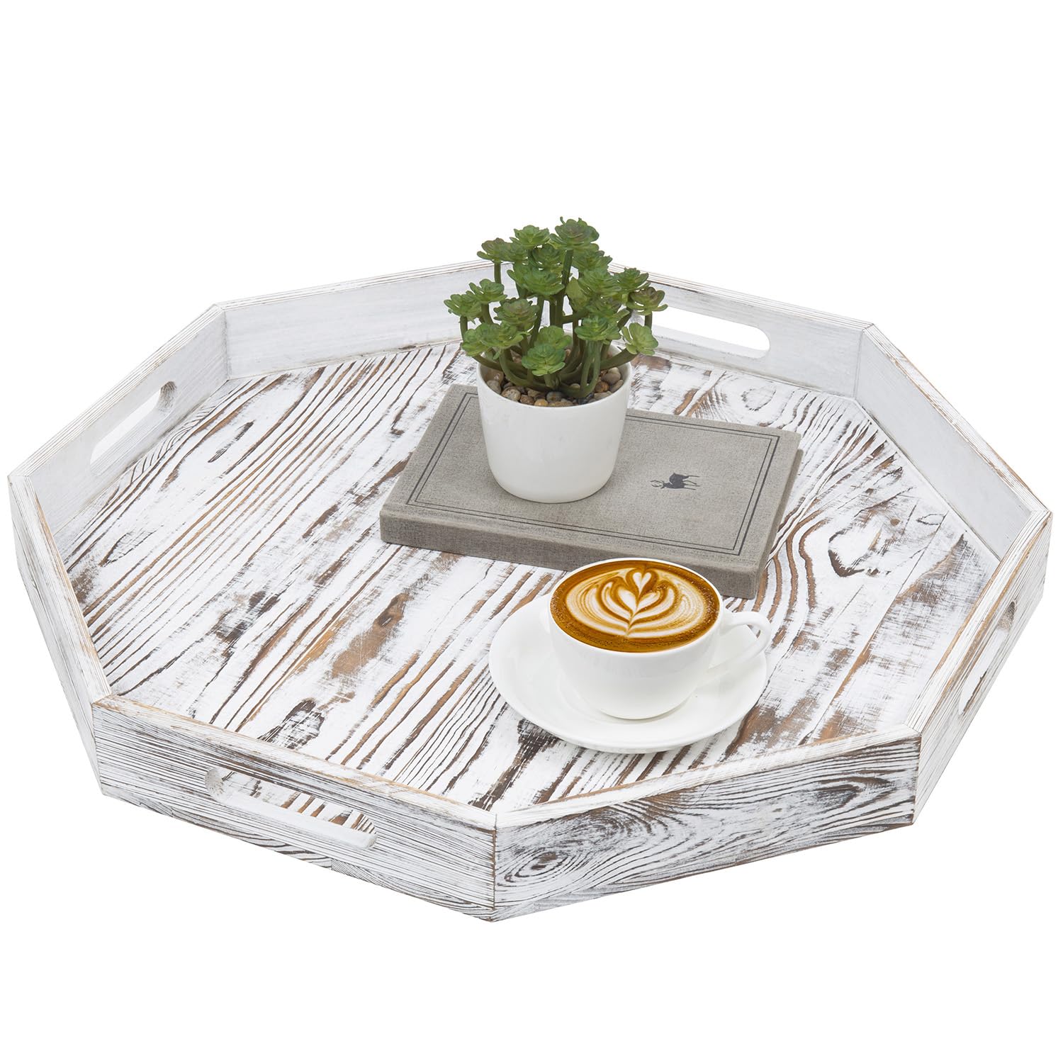 Mygift 20 Inch Shabby White Washed Solid Wood Decorative Octagon Shaped Tray, Wooden Octagonal Serving Platter With 4 Cutout Han