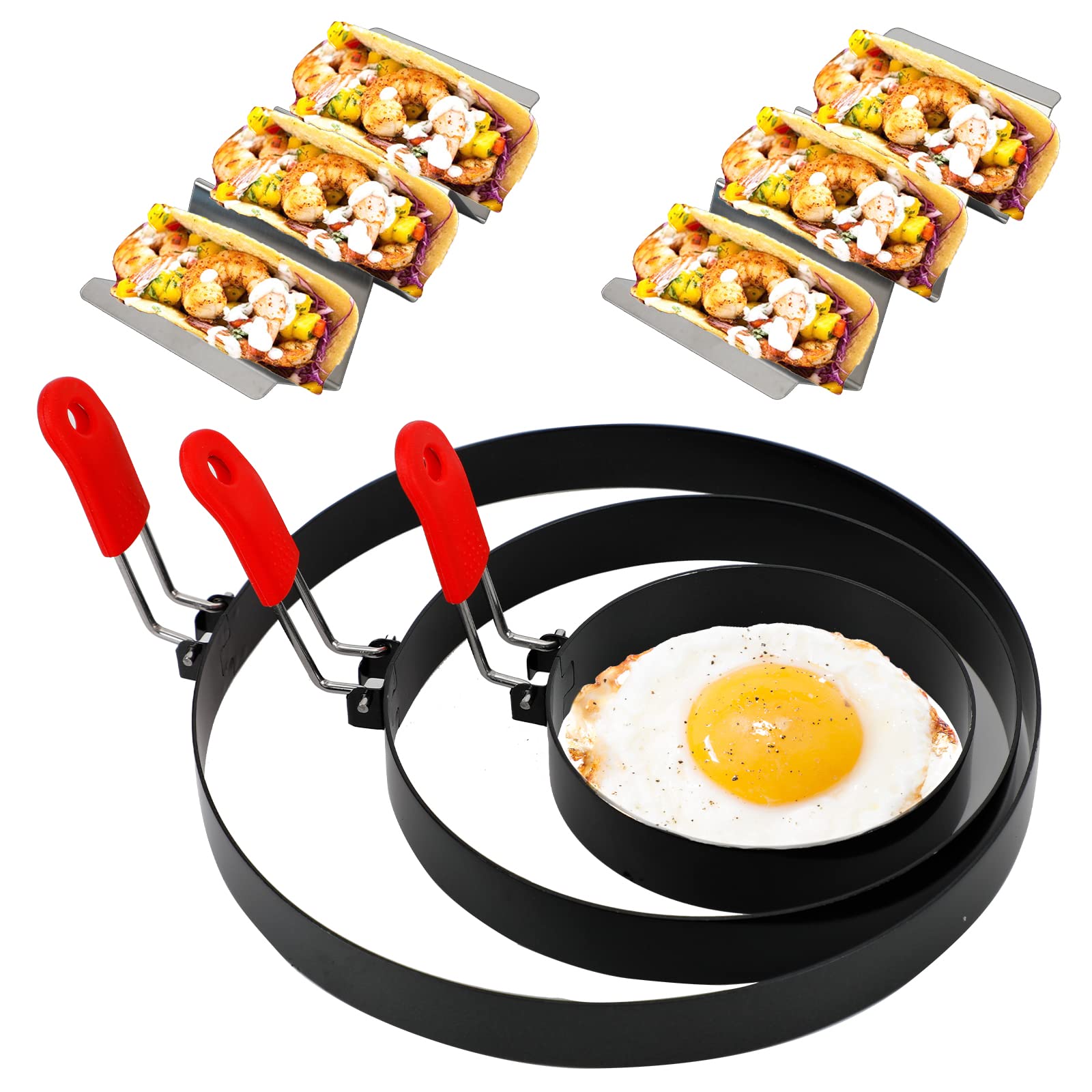 5 Pcs Pancake Mold Sets, 3 Pcs Egg Circles For Frying Eggs, 2 Pcs Taco Shell Holder Stand, Rack Holds Up To 3 Tacos, 4 Inch 6 In
