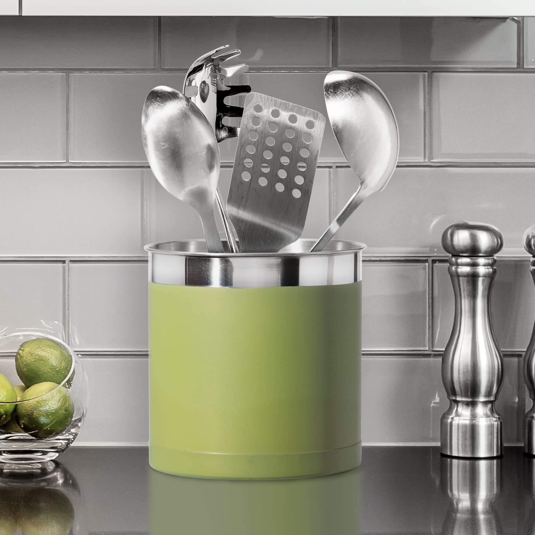 Oggi Stainless Steel Jumbo Utensil Holder - 7'' Utensil Caddy  Weighted Base for Stability - Extra Large Utensil Crock and Countertop Utensil Organizer  Olive