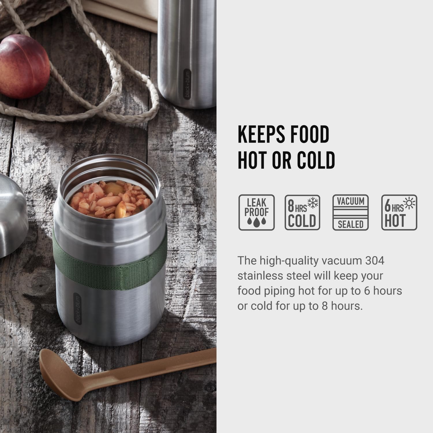 Black + Blum Vacuum Food Flask | Leak Proof Insulated Stainless Steel Lunch Container With Ladle Spoon For Hot And Cold Food | T