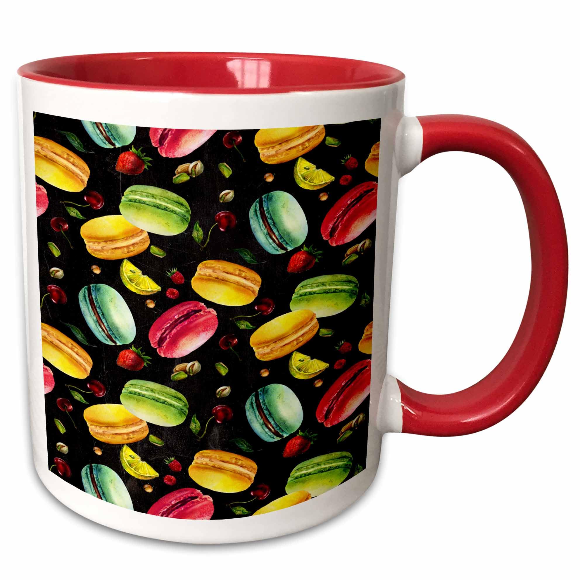 3dRose Colorful Watercolor Tossed French Macaroon Cookies On Black Pattern 11oz Two-Tone Red Mug
