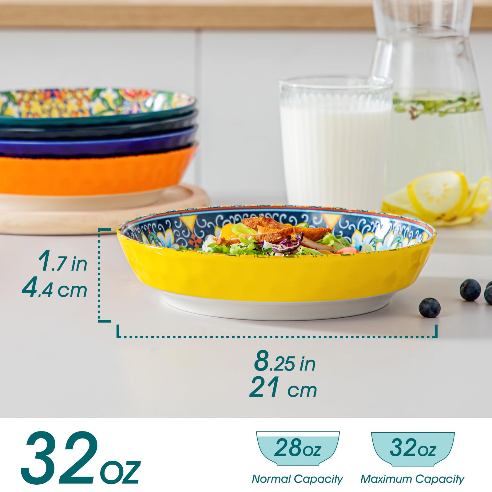 Vancasso Pasta Bowls, Ceramic Salad Bowls Of 6, 32 Oz Large Corlorful Serving Bowls For Kitchen, Dishwasher & Microwave Safe Sou