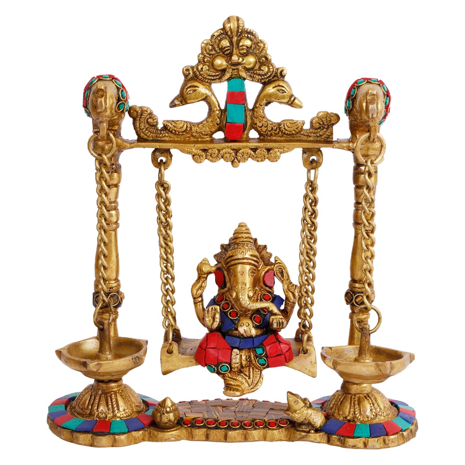 Kartique Brass Ganesh Bhagwan Jhula With Two Diyas Ganesha Idol Swing Ganpati Bappa Jhoola Murti For Home House Warming Mandir O