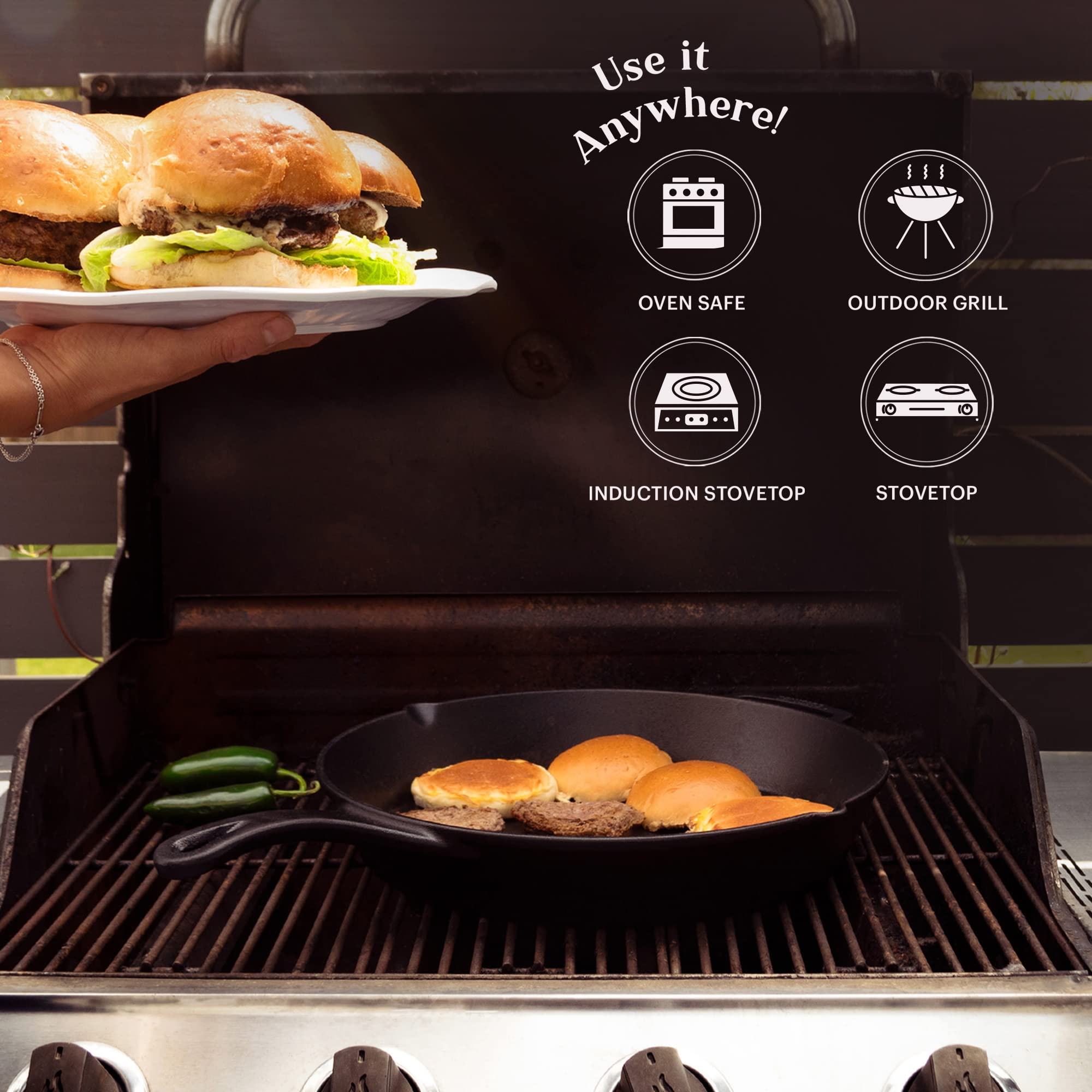 Cuisinel 15 Cast Iron Skillet + Glass Lid Cover + Black Pan Scraper + Silicone Handle Grip Cover - Pre-Seasoned Kitchen Cookwa