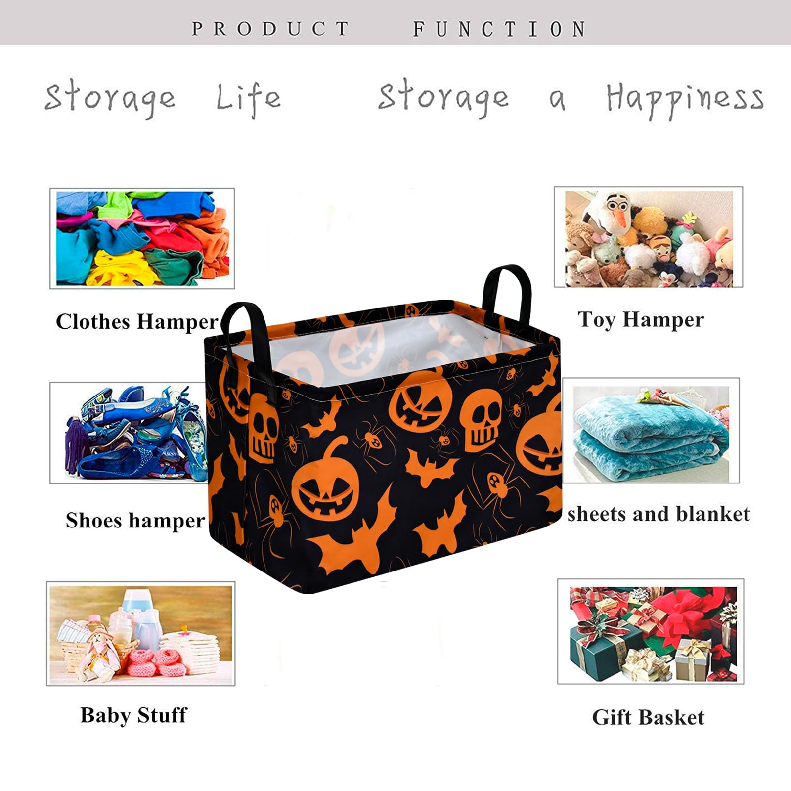 KUNRO Pumpkin Pattern Halloween Storage Gift Basket Canvas Storage Bins with Handles Rectangle Storage Cubes Organizer for Bedro