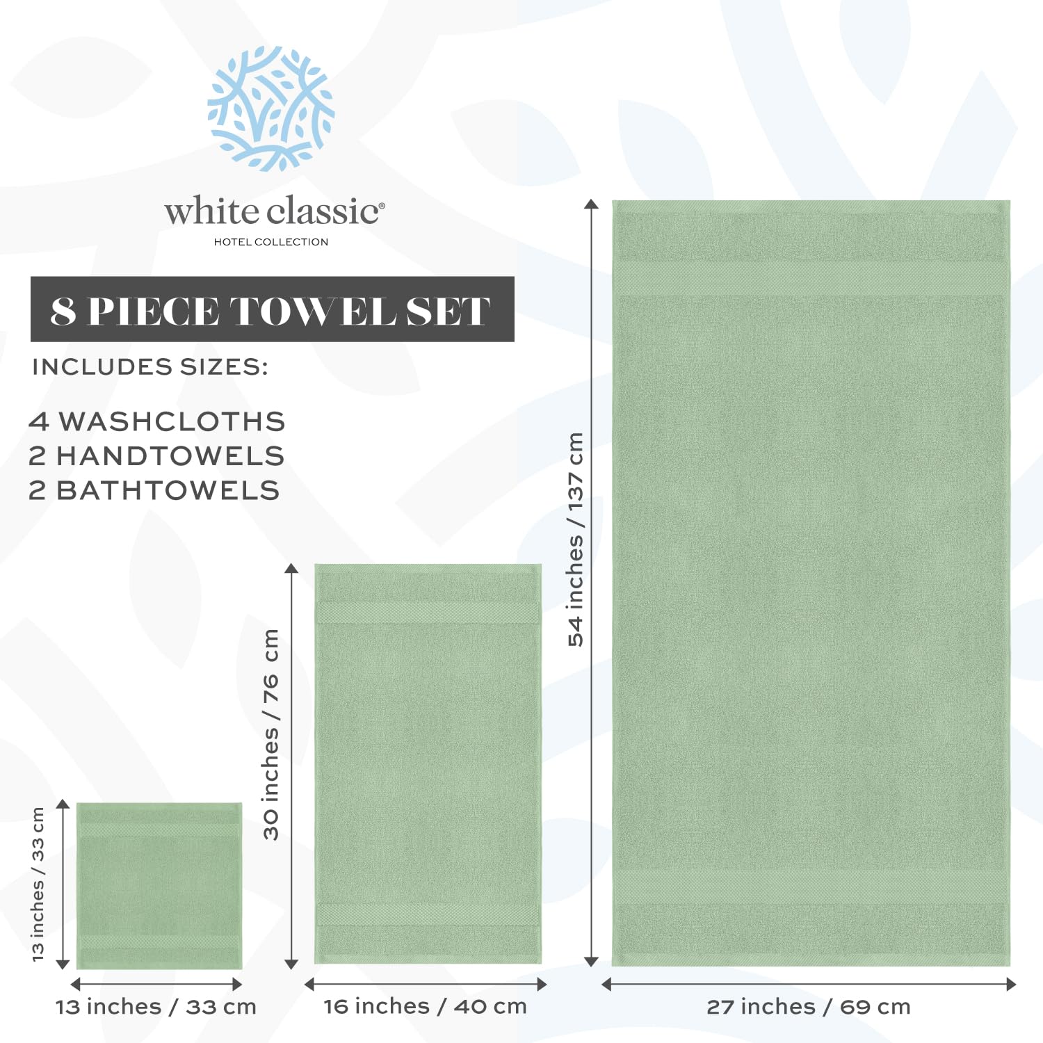 White Classic Luxury Green Bath Towel Set - Combed Cotton Hotel Quality Absorbent 8 Piece Towels | 2 Bath Towels | 2 Hand Towels