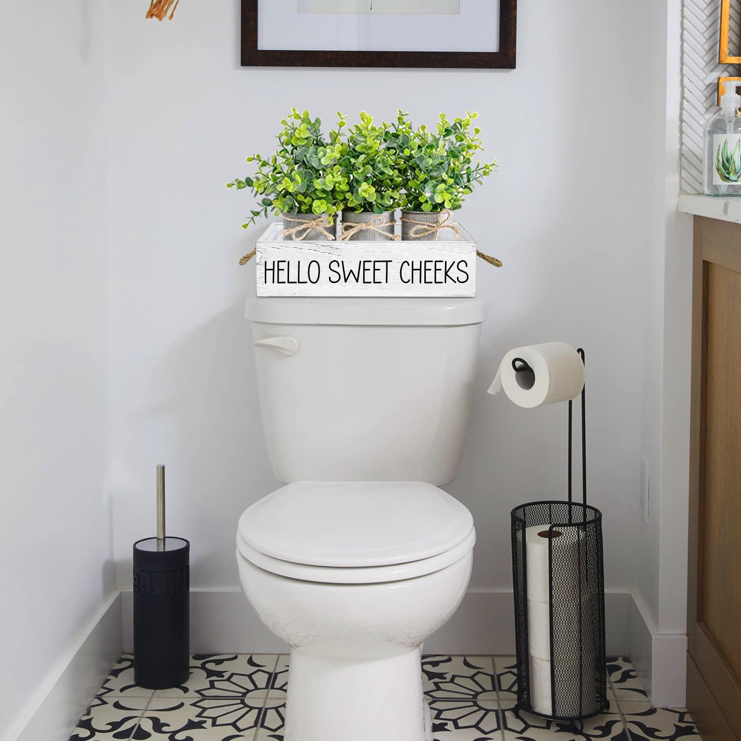 Teouios Hello Sweet Cheeks Funny 2 Sides Wooden Toilet Paper Holder Bathroom Decor Box With Rope Handle, Farmhouse Bathroom Pape