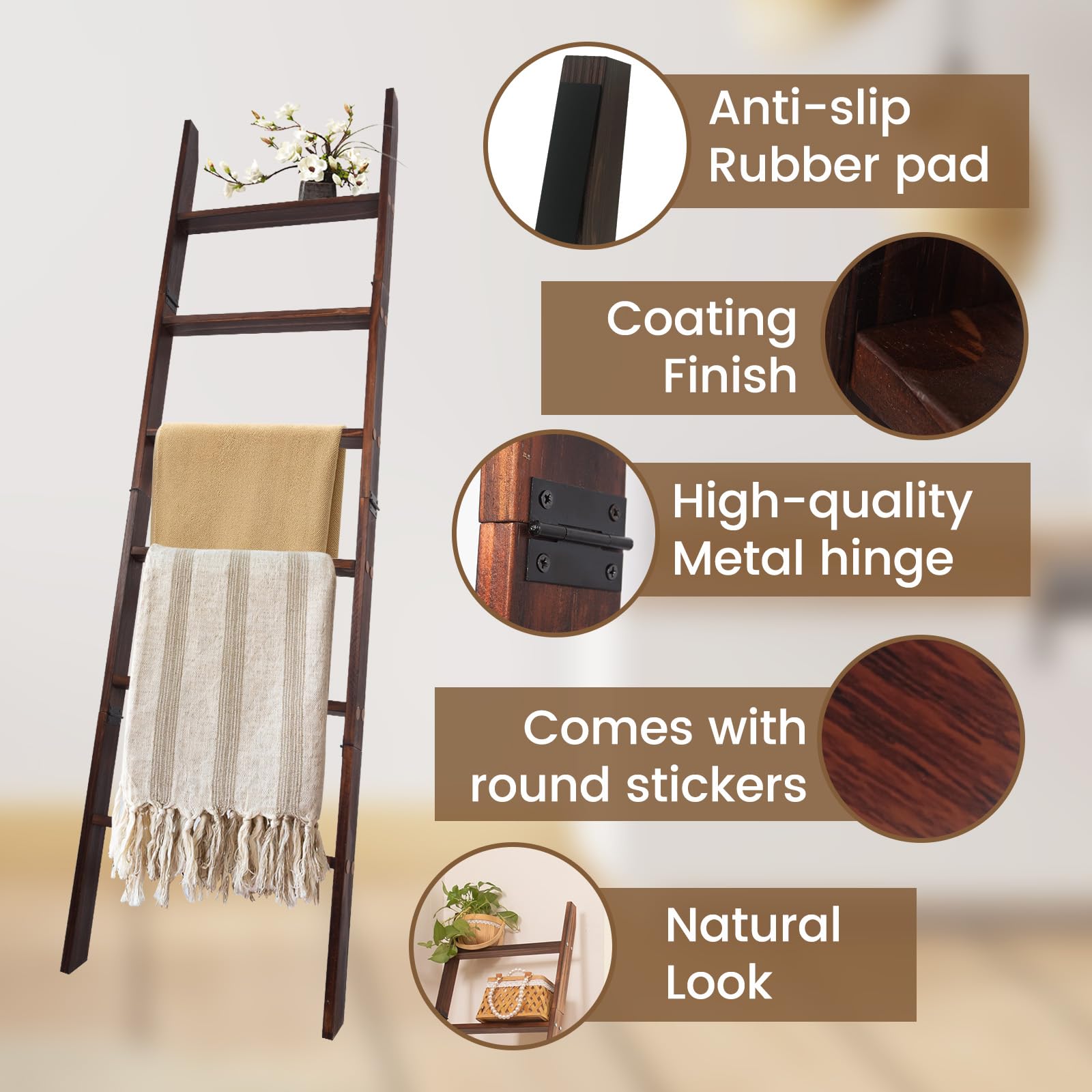 Hybdamai Blanket Ladder, 6-Tier Wooden Quilt Stand, Decorative Ladder Shelf, Leaning Shelf, Wall Leaning Blanket Ladder Towel St
