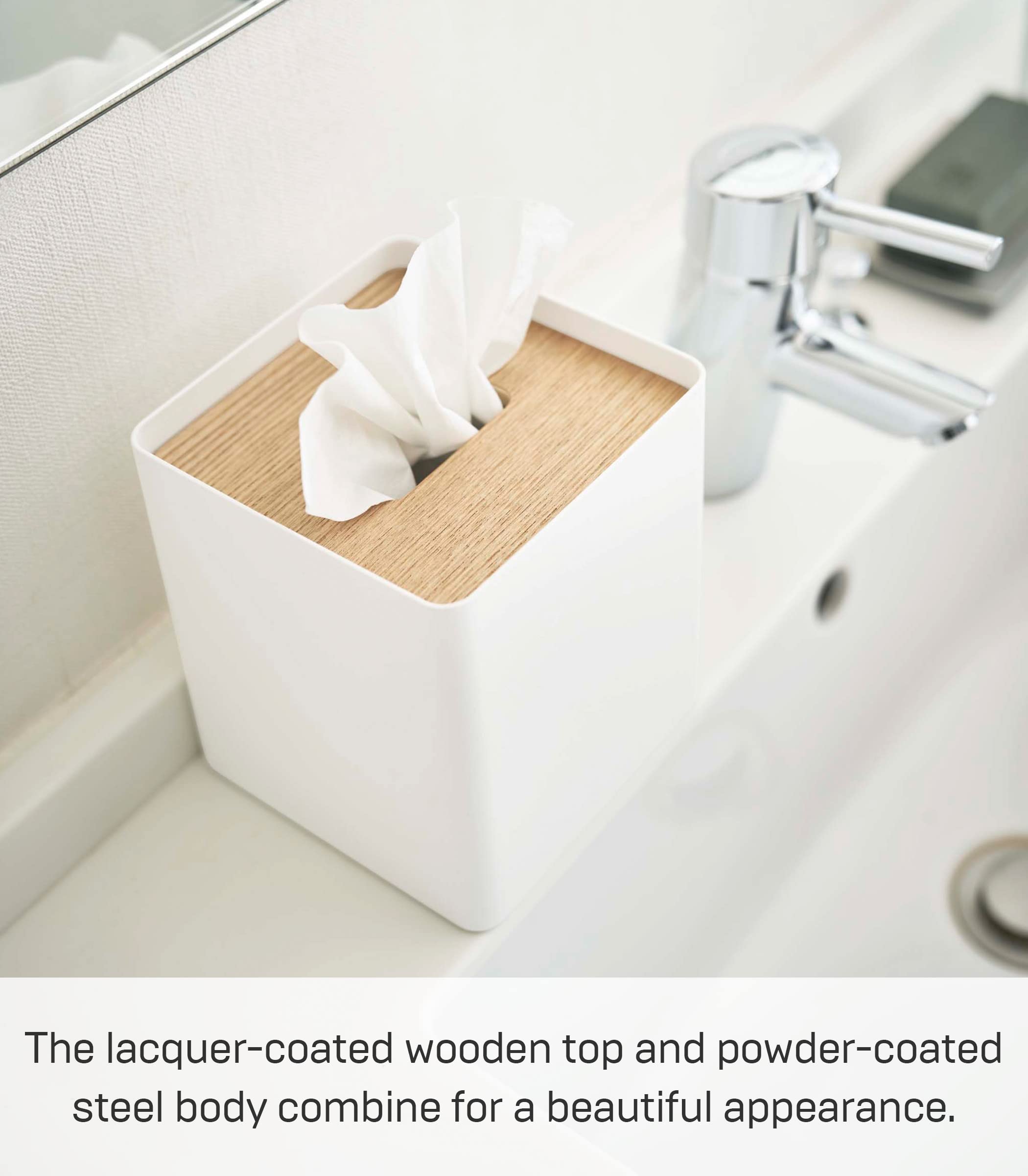 Yamazaki Home Rin Reusable Tissue Box Cover Metal Holder Container Case With Natural Wooden Lid - Steel