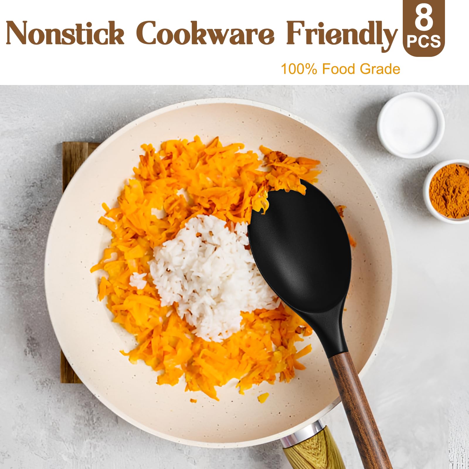 Silicone Cooking Utensil Set, Umite Chef 8-Piece Kitchen Set With Natural Acacia Wooden Handles,Food-Grade Silicone Heads-Silico