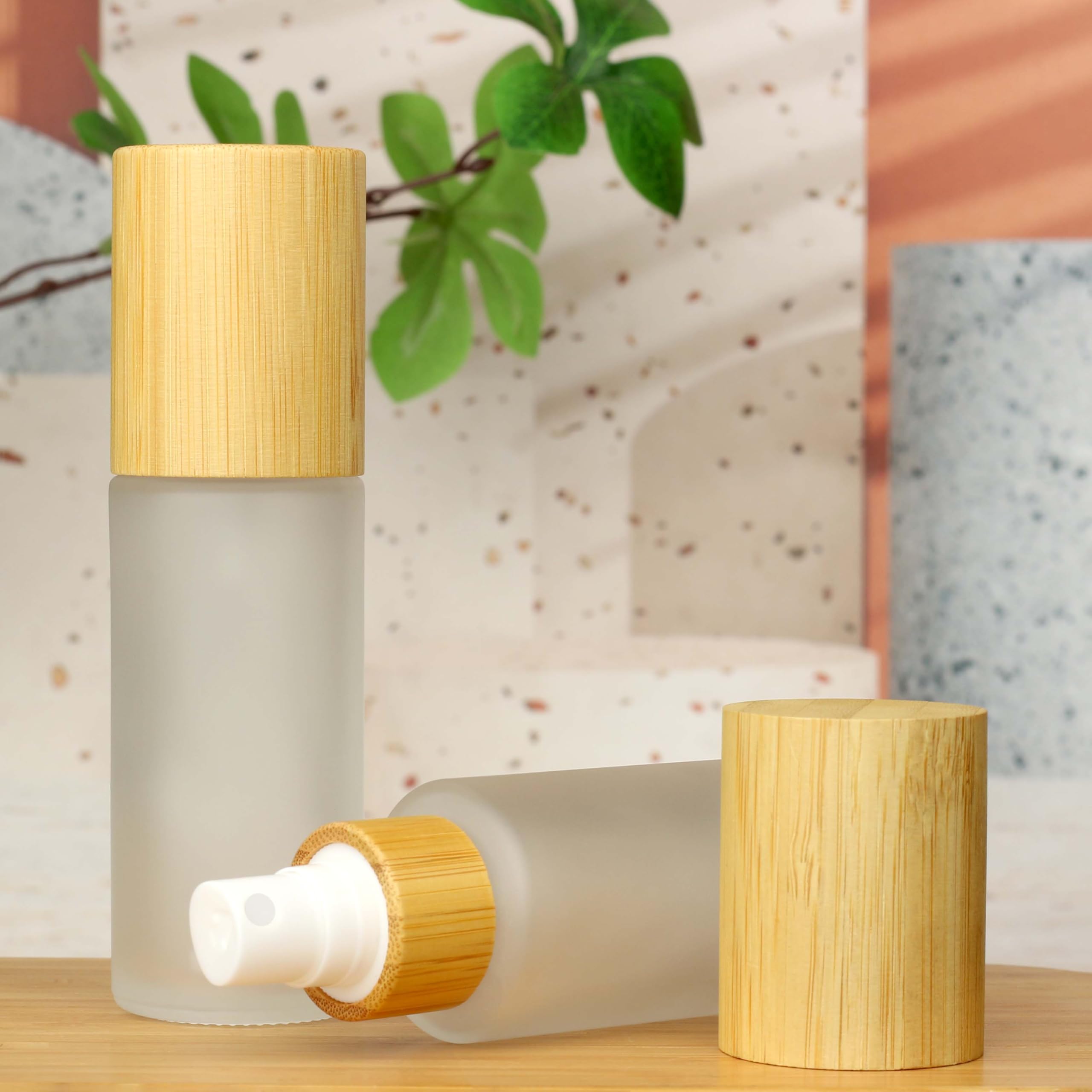 Cosidea 6 Pcs Empty 1.67Oz /50Ml Bamboo Lid Frosted Glass Fine Mist Spray Bottle Liquid Perfume Toiletries Containers, Travel To