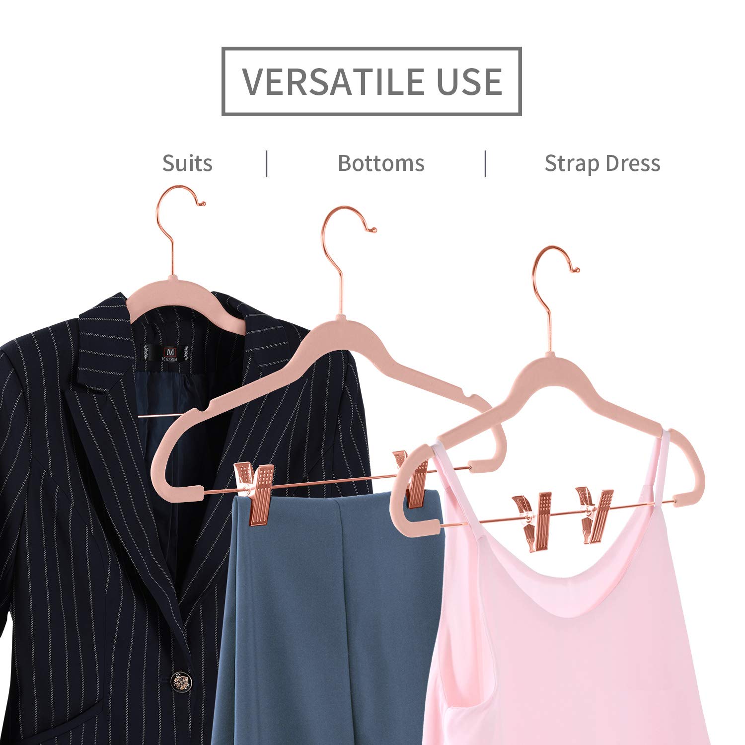 MIZGI Premium Velvet Pants Hangers with Clips (Pack of 20) Slim Skirt Hangers- Non Slip Felt Outfit Dress Hangers Blush Pink - Copper/Rose Gold Hooks Space Saving Shirt Clothes Hangers