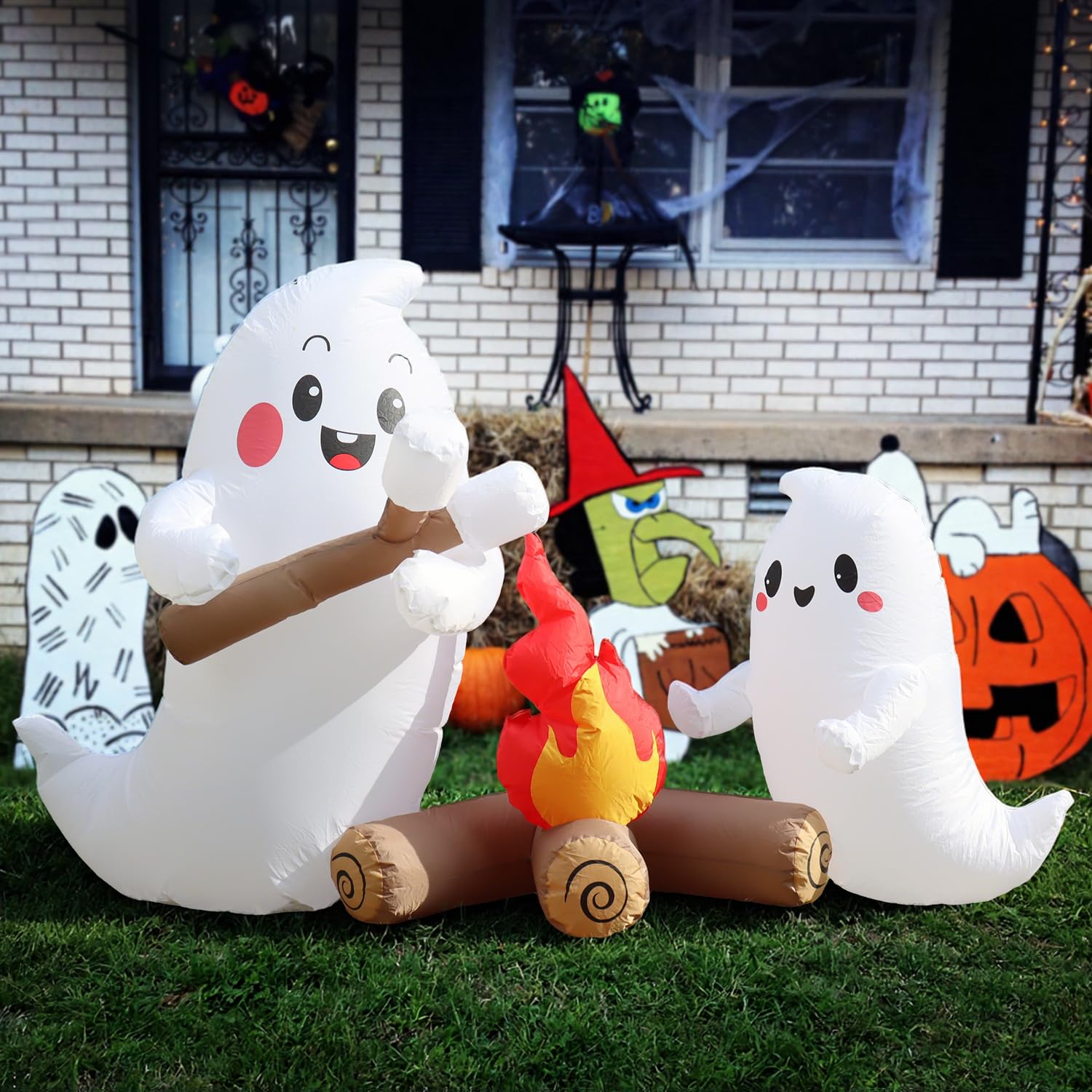 8FT Halloween Inflatables Roof Decorations, Mummy Holding Witch and Black Cat with Bandages, Holiday Blow Up Outdoor Decorations