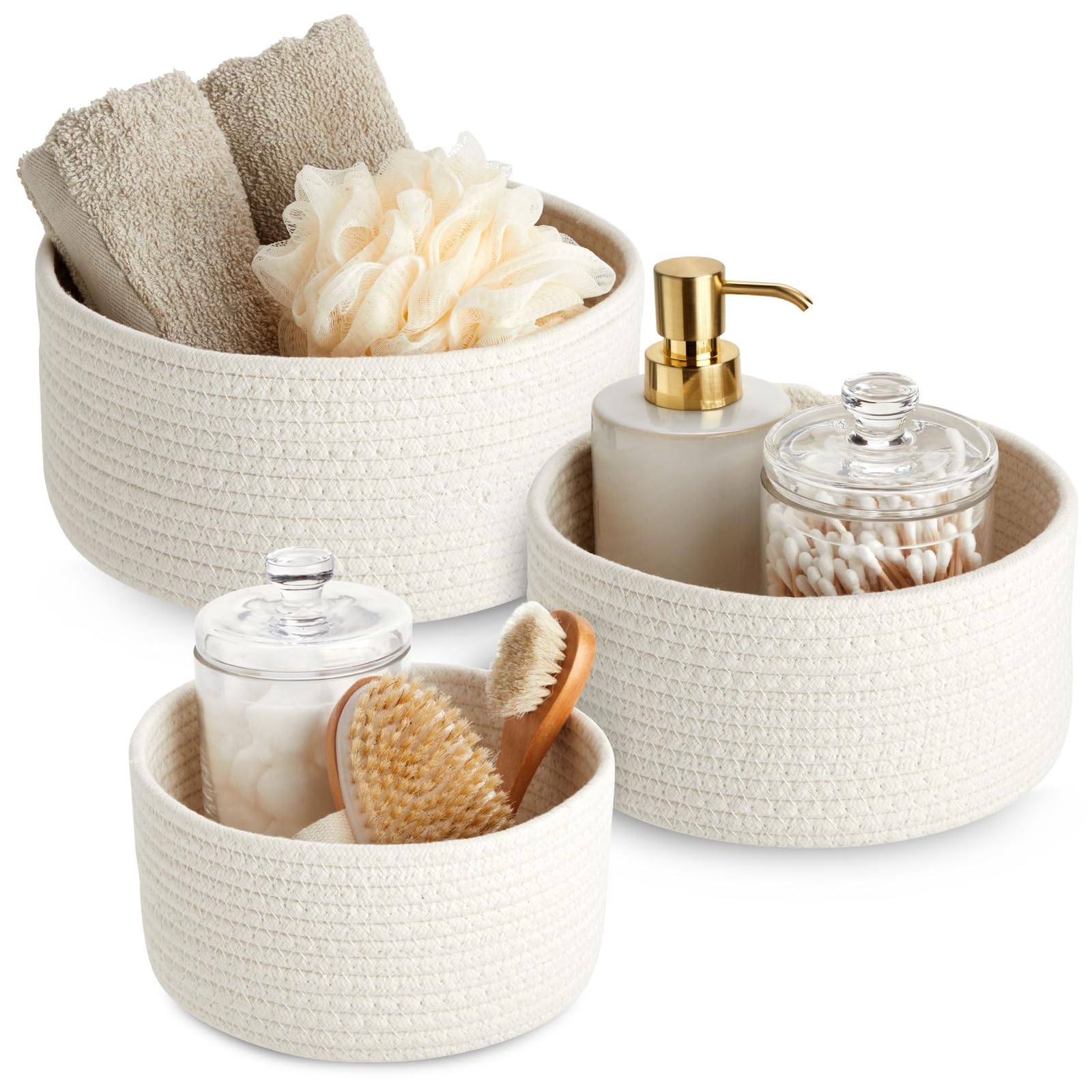 Farmlyn Creek 3 Pack Woven Baskets For Storage, Small Round Cotton Rope Organizing Bins (3 Sizes, White)