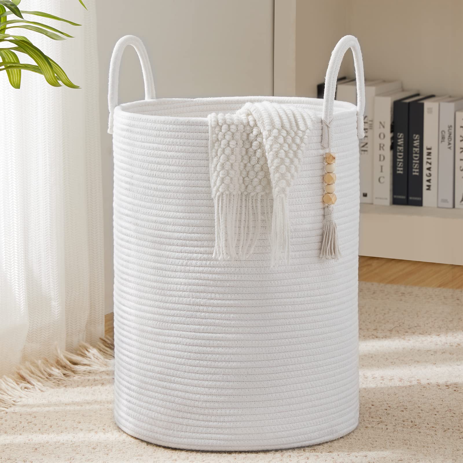 Youdenova Cotton Rope Laundry Hamper Basket, 58L Tall Woven Collapsible Baskets For Blanket Organizing Clothes Hamper For Laundr