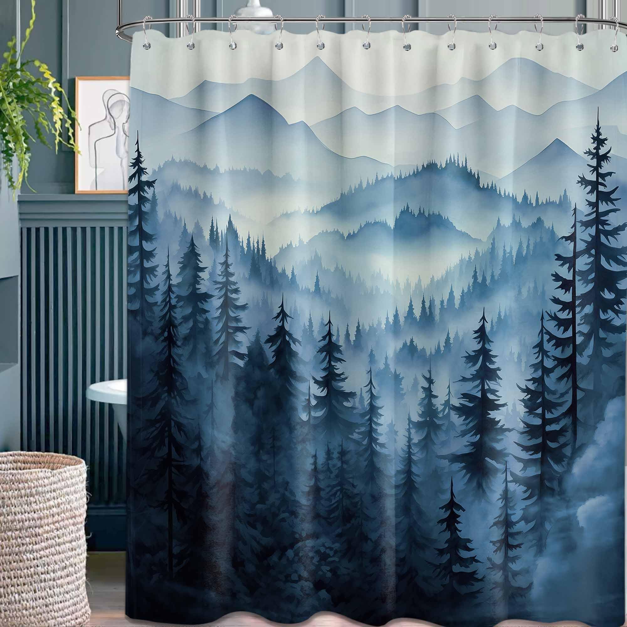 Qghot Extra Wide Shower Curtain For Clawfoot Tub, 108X72 Inch, Blue Forest Nature Mountain Pattern Bathroom Decor, Waterproof Cl