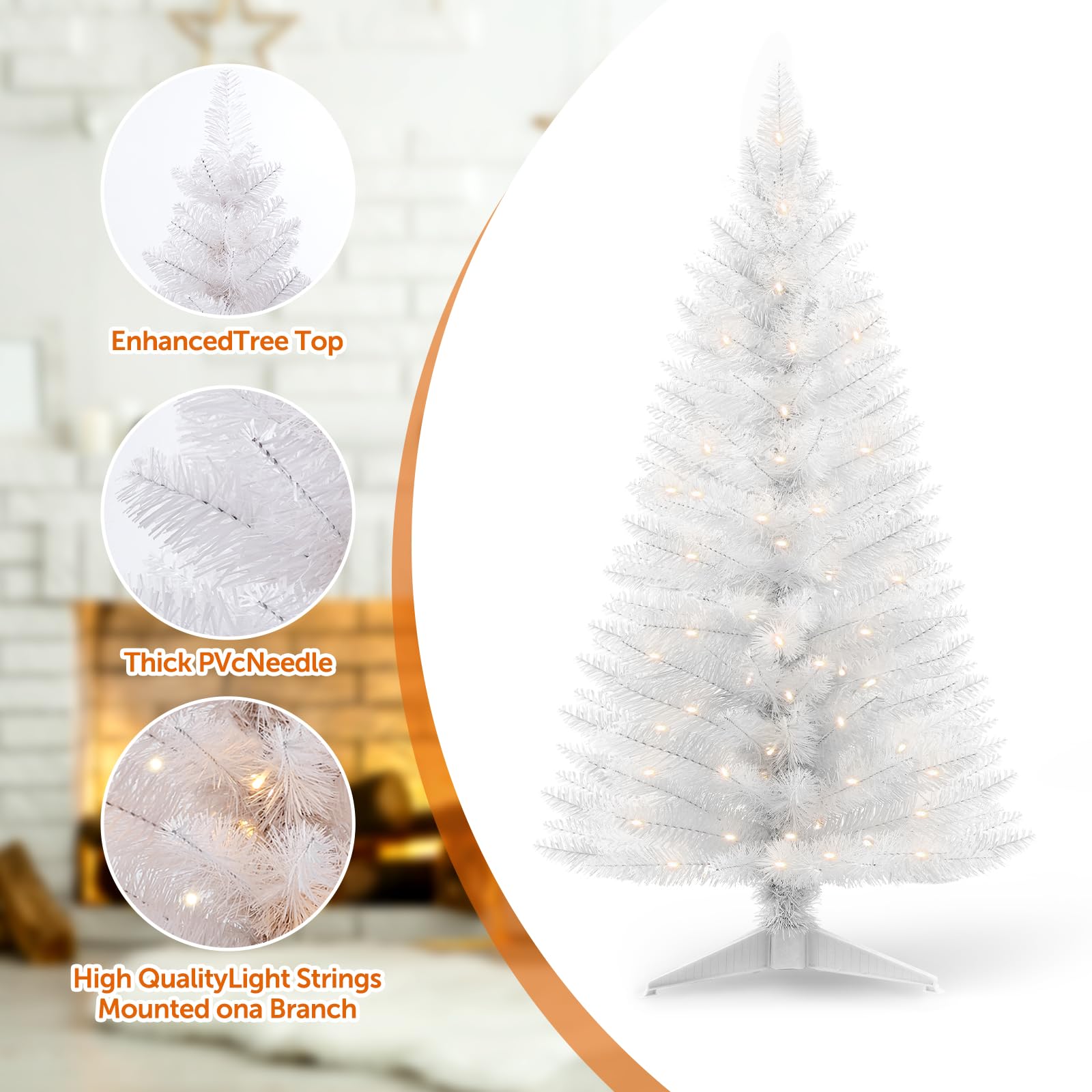 Santanelo 4ft Lighted Artificial White Christmas Tree with Light, Small Artificial Xmas Tree, Not Pre-lit White Pine mini Trees