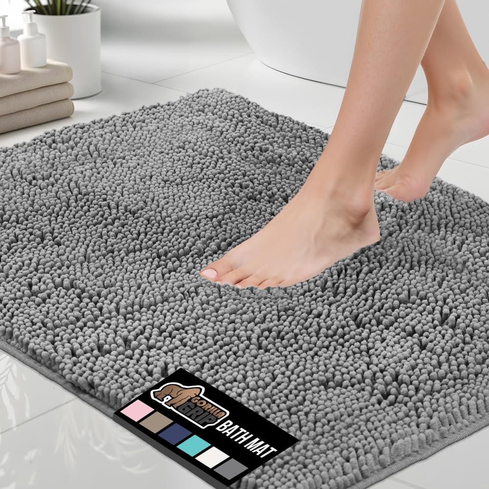 Gorilla Grip Bath Rug 70x24  Thick Soft Absorbent Chenille  Rubber Backing Quick Dry Microfiber Mats  Machine Washable Rugs for Shower Floor  Bathroom Runner Bathmat Accessories Decor  Grey