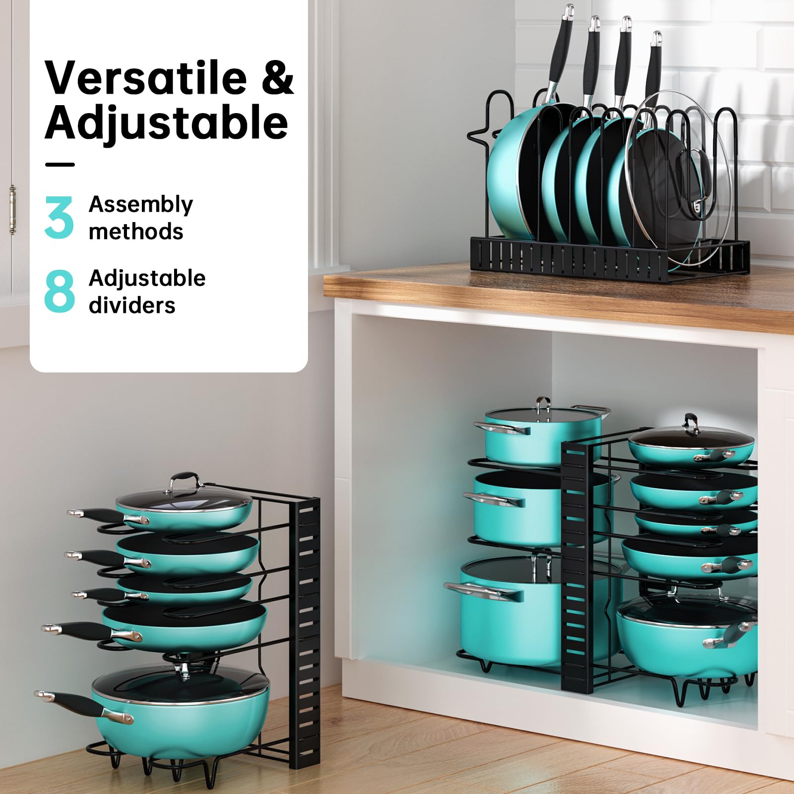 MUDEELA Pots and Pans Organizer Rack, Adjustable 8-Tier Storage, Black, Iron, Standard 16.5"H, Under Cabinet Solution