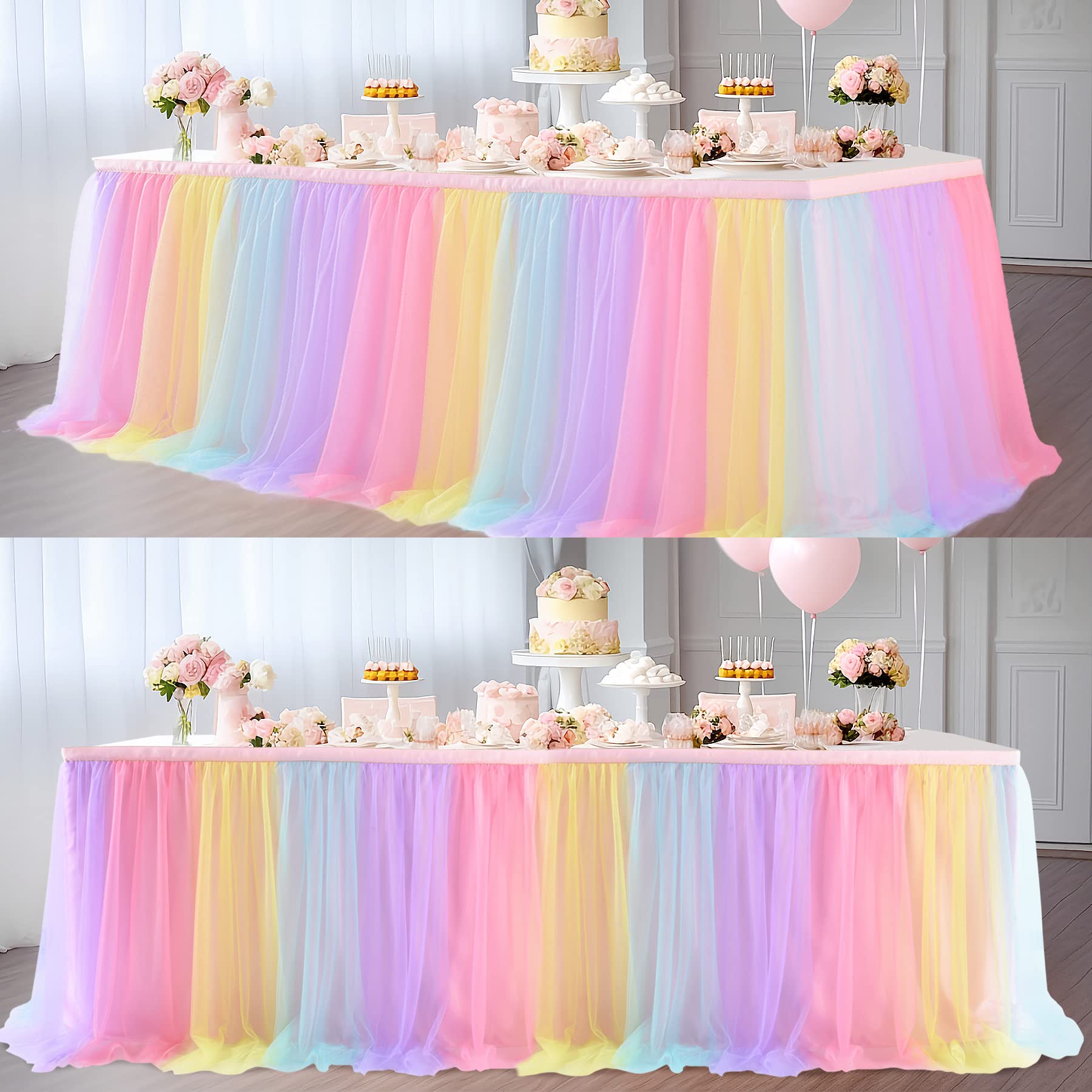 Suppromo Rainbow Table Skirt For Birthday Party 6Ft Unicorn Tulle Tutu Table Skirt For Baby Shower Girl Boy Gender Reveal Rainbo