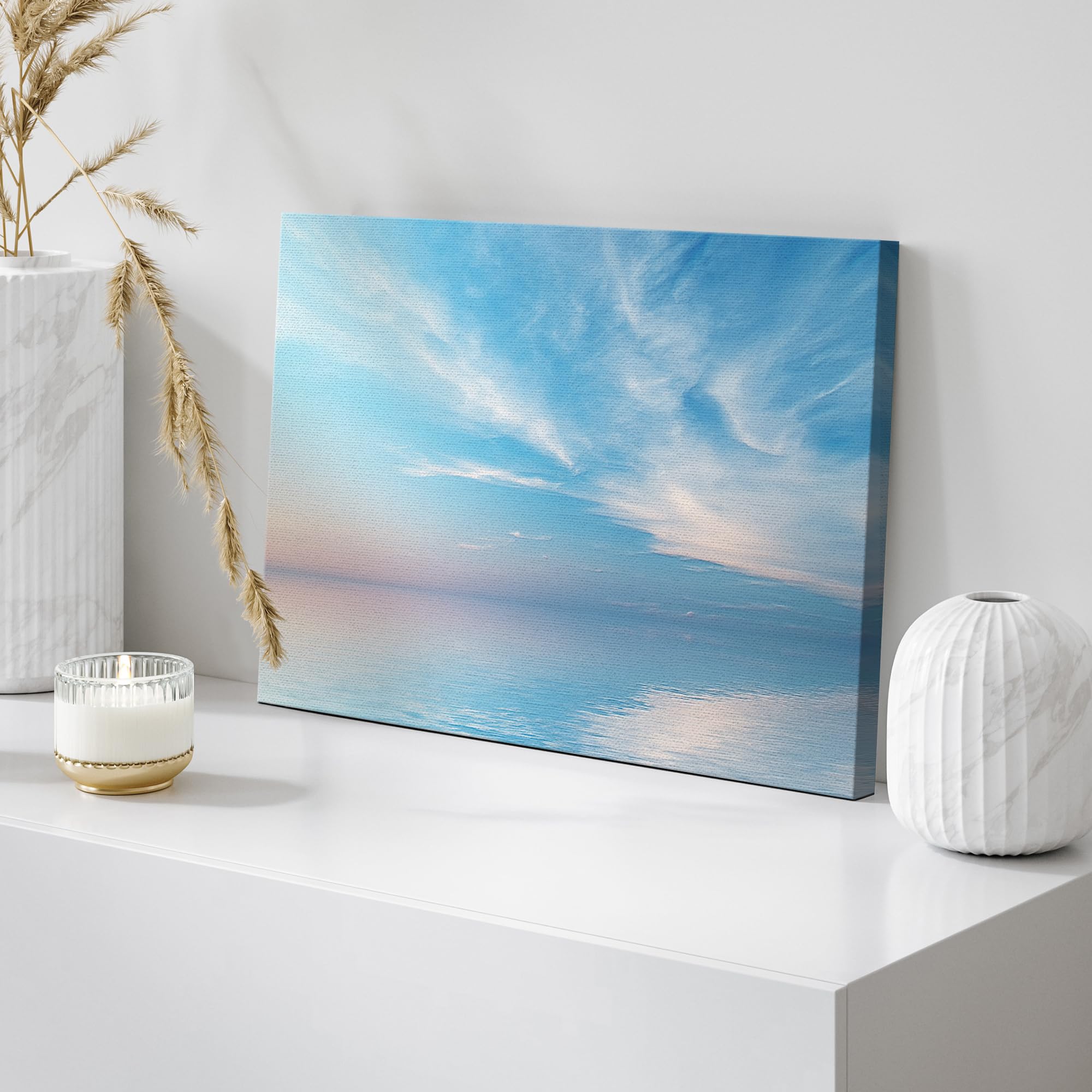 Wall26 Canvas Print Wall Art Blue & Pink Ocean Horizon With Cloudy Skyline Nature Wilderness Photography Modern Art Rustic Sceni