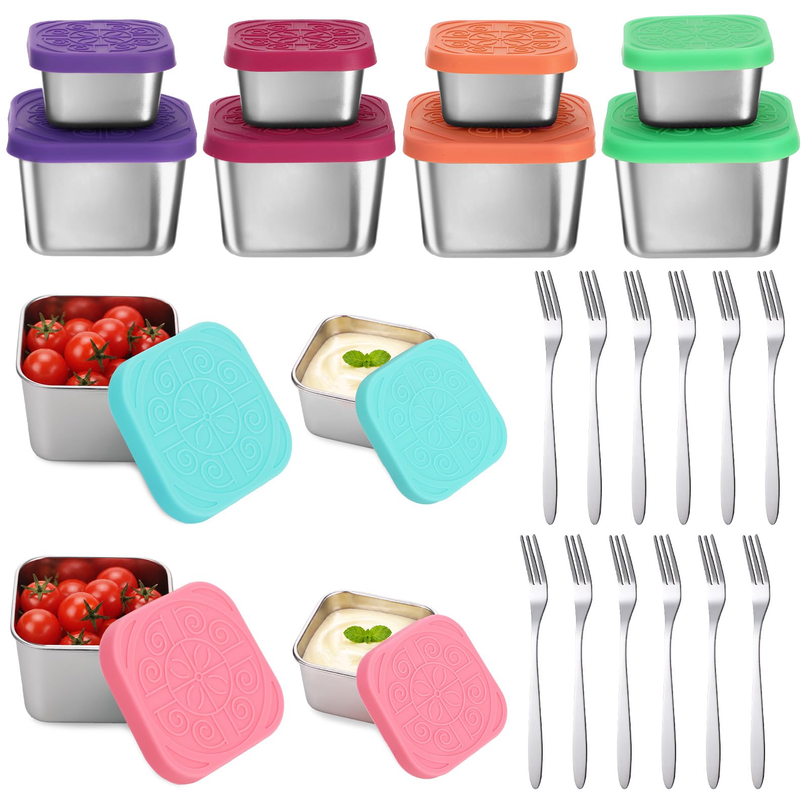 12 Pack 6oz Stainless Steel Snack Containers, 2oz Salad Dressing Containers