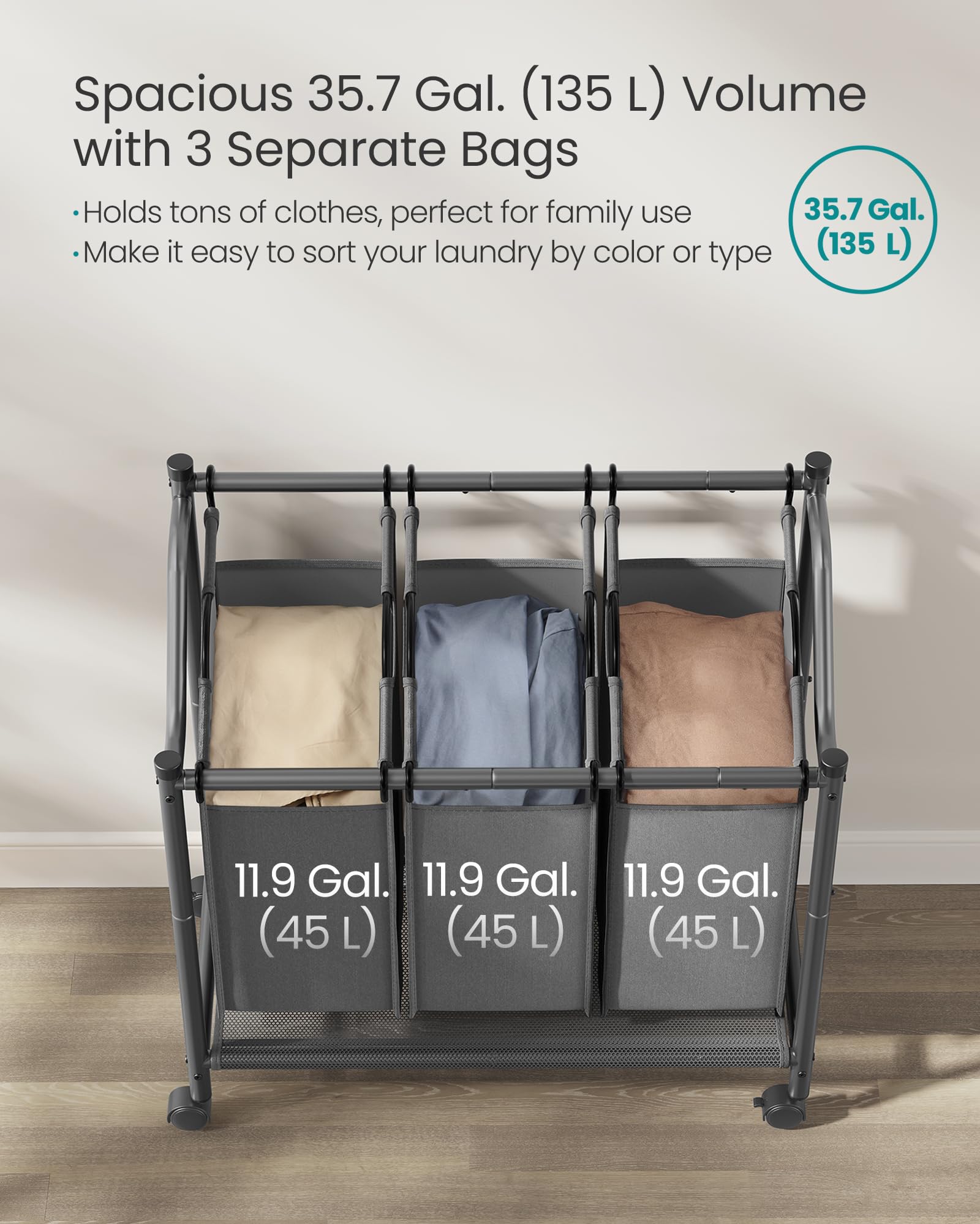 Songmics Laundry Sorter, Rolling Laundry Basket With 3 Removable Bags, Laundry Hamper, Laundry Cart, For Laundry Room, Bedroom,