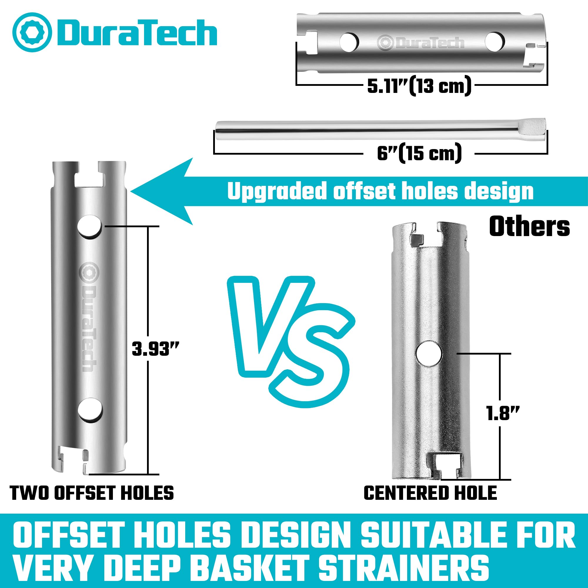 Duratech Long Reach Basket Strainer Wrench, Universal Sink Strainer Wrench With Sliding Handle, Double End, 1/2'' & 3/8 ''