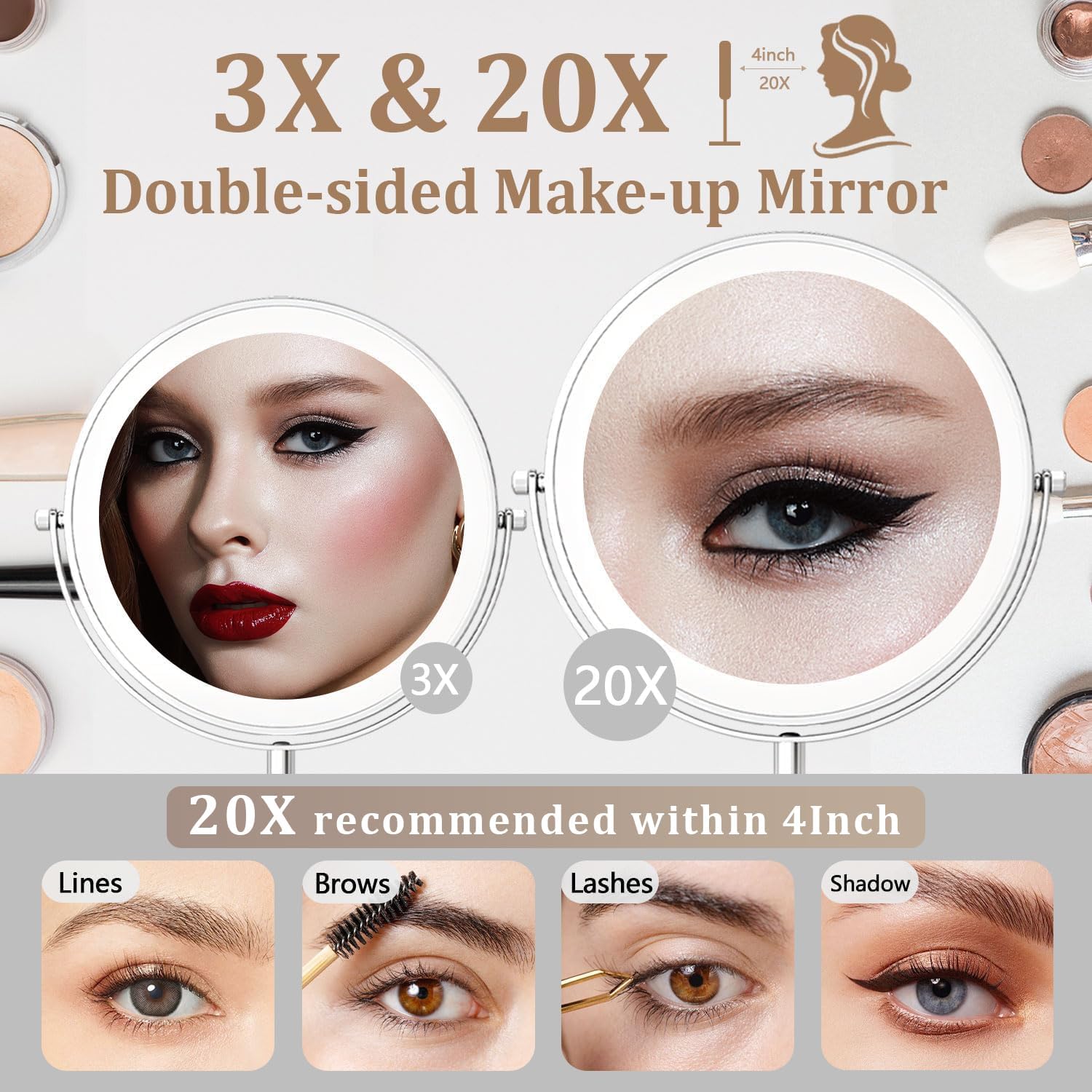 9In Vanity Mirror With Lights, Rechargeable&Dimming Lighted Makeup Mirror, 3X/20X Double Sided Magnifying Mirror,5000Mah,360 Rot