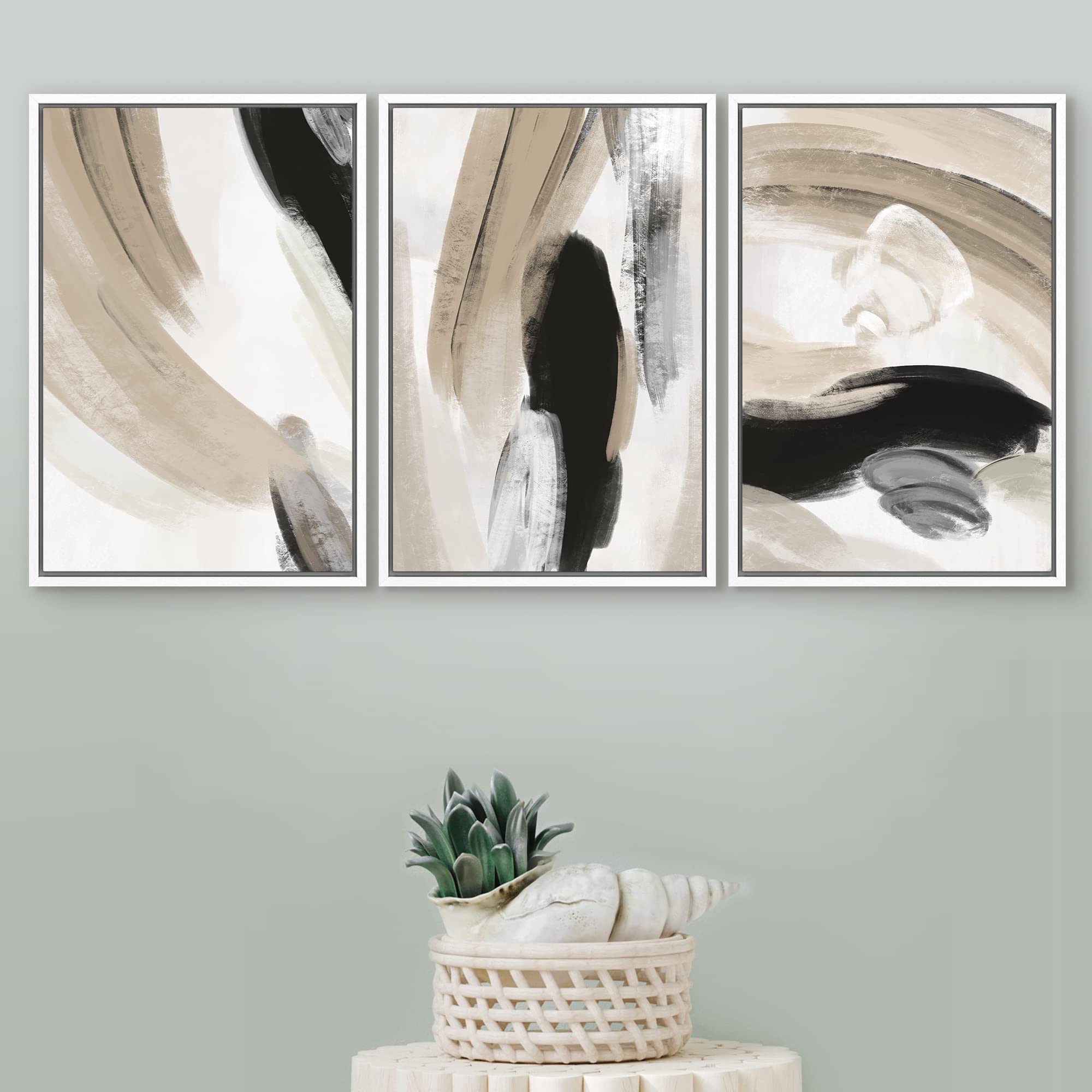 Signford Framed Canvas Print Wall Art Set Duotone Black Tan Paint Strokes Abstract Shapes Illustration Modern Art Decorative Nor