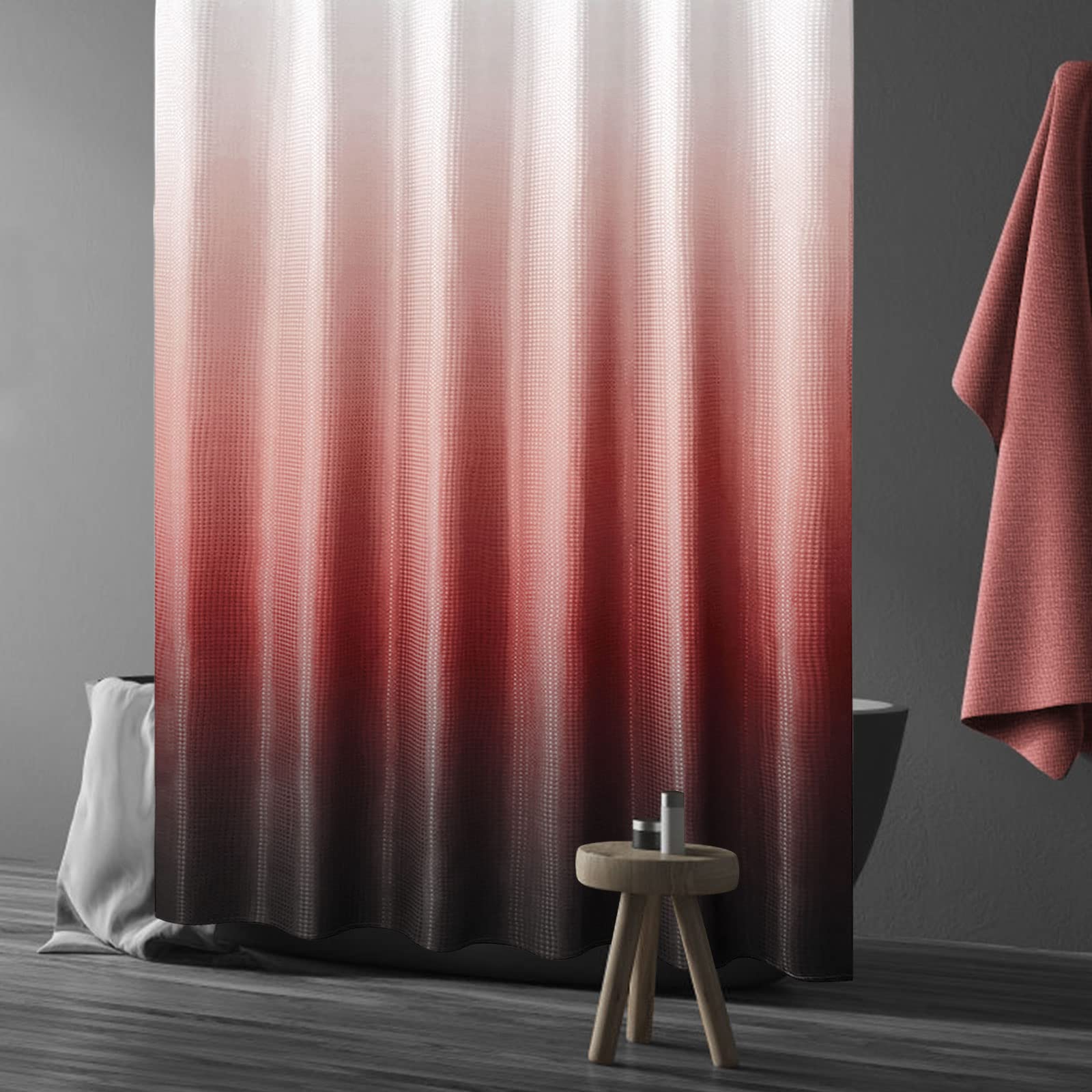 Gibelle Ombre Shower Curtain, Red Black Gradient Fabric Shower Curtain, Waffle Weave Textured Bathroom Curtains Shower Set With
