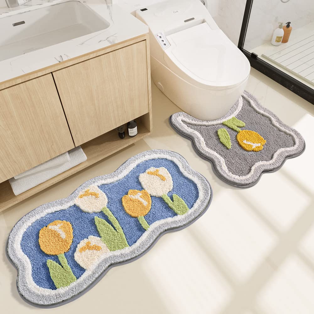Tyrafry Toilet Bath Rug, U-Shaped Non-Slip Toilet Rug, Flower Rug For Bathroom Floor Soft Plush Microfiber Mat Super Absorbent W