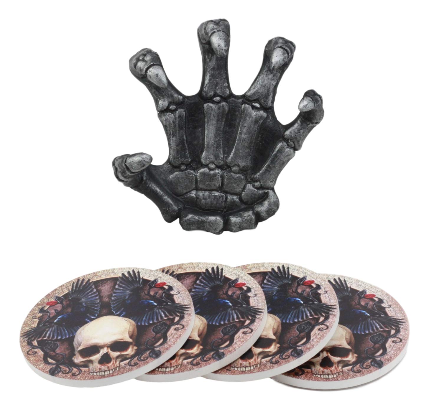 Ebros Gothic Alchemy Clutch of The Dead Skeleton Hand Resin Coaster Figurine Holder with 4 Skull Raven Tile Coasters Set Furniture Protector Ossuary Macabre Halloween Spooky Home Decor Accent