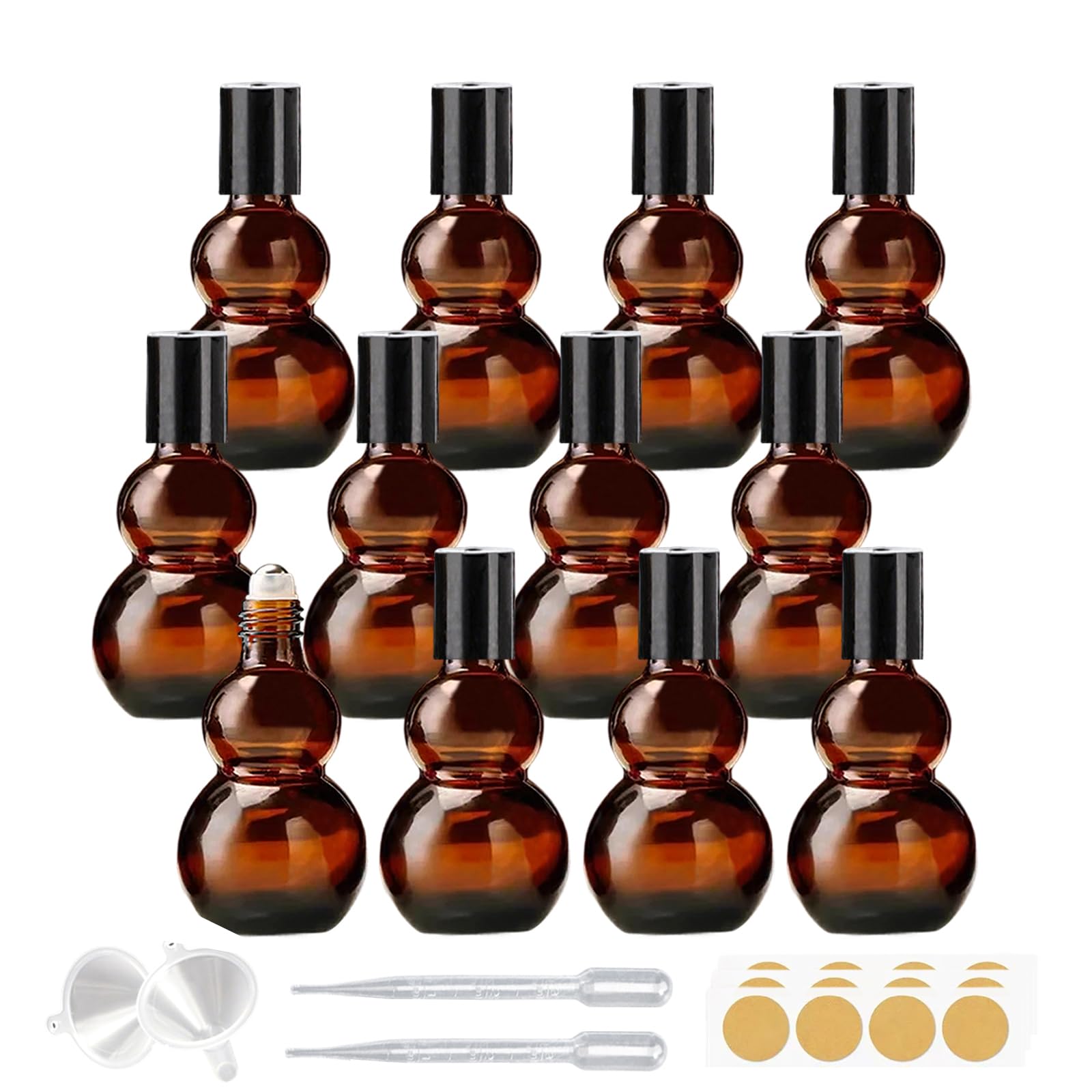DZREVEOTA Essential Oil Roller Bottles, 10ml Amber Gourd Shaped Glass Roller Bottles with Stainless Steel Roller Ball, for Trave