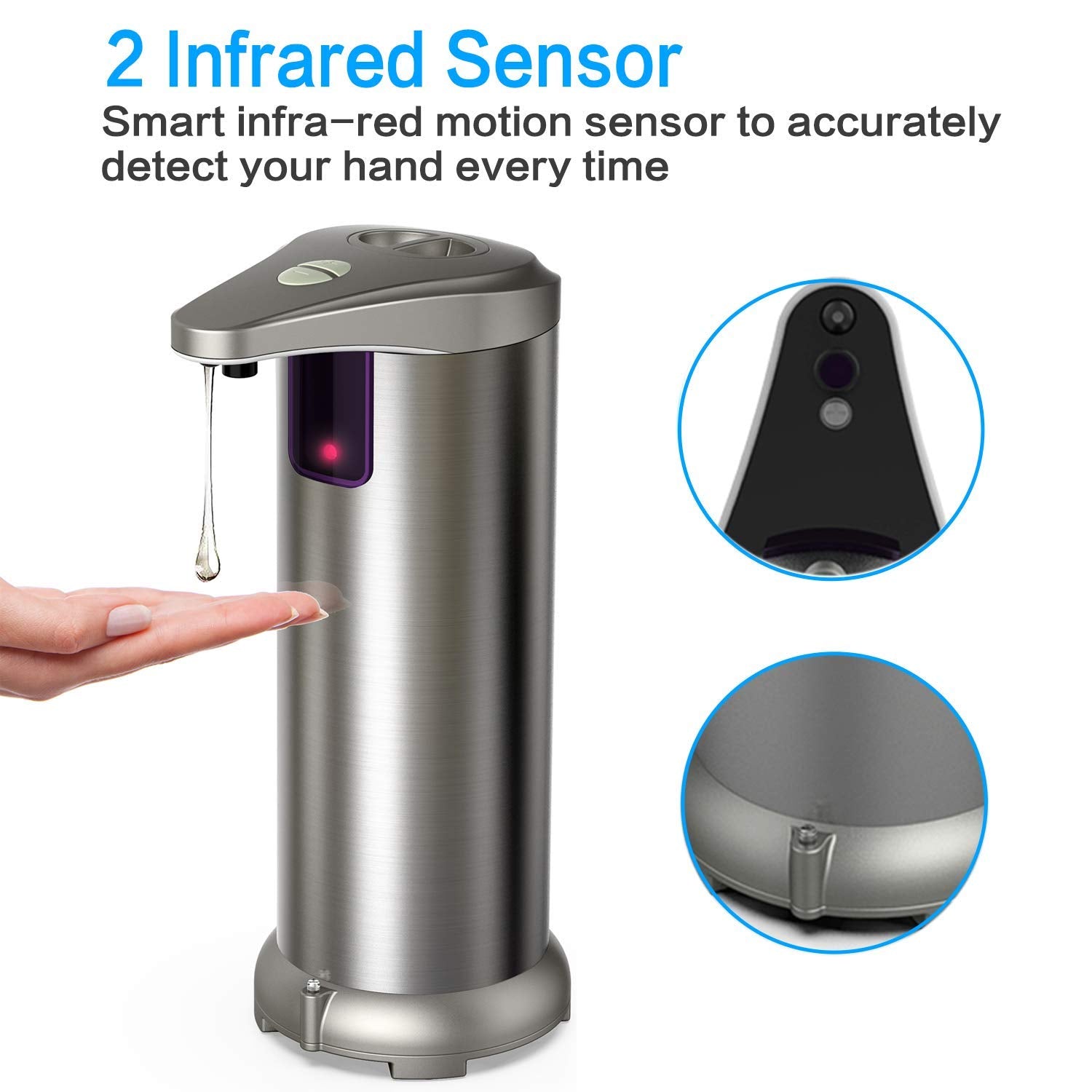 Sensor Soap Dispenser,Battery Operated Refillable Soap Dispenser Infrared Automatic Soap Dispenser, Brushed Stainless Steel Touc