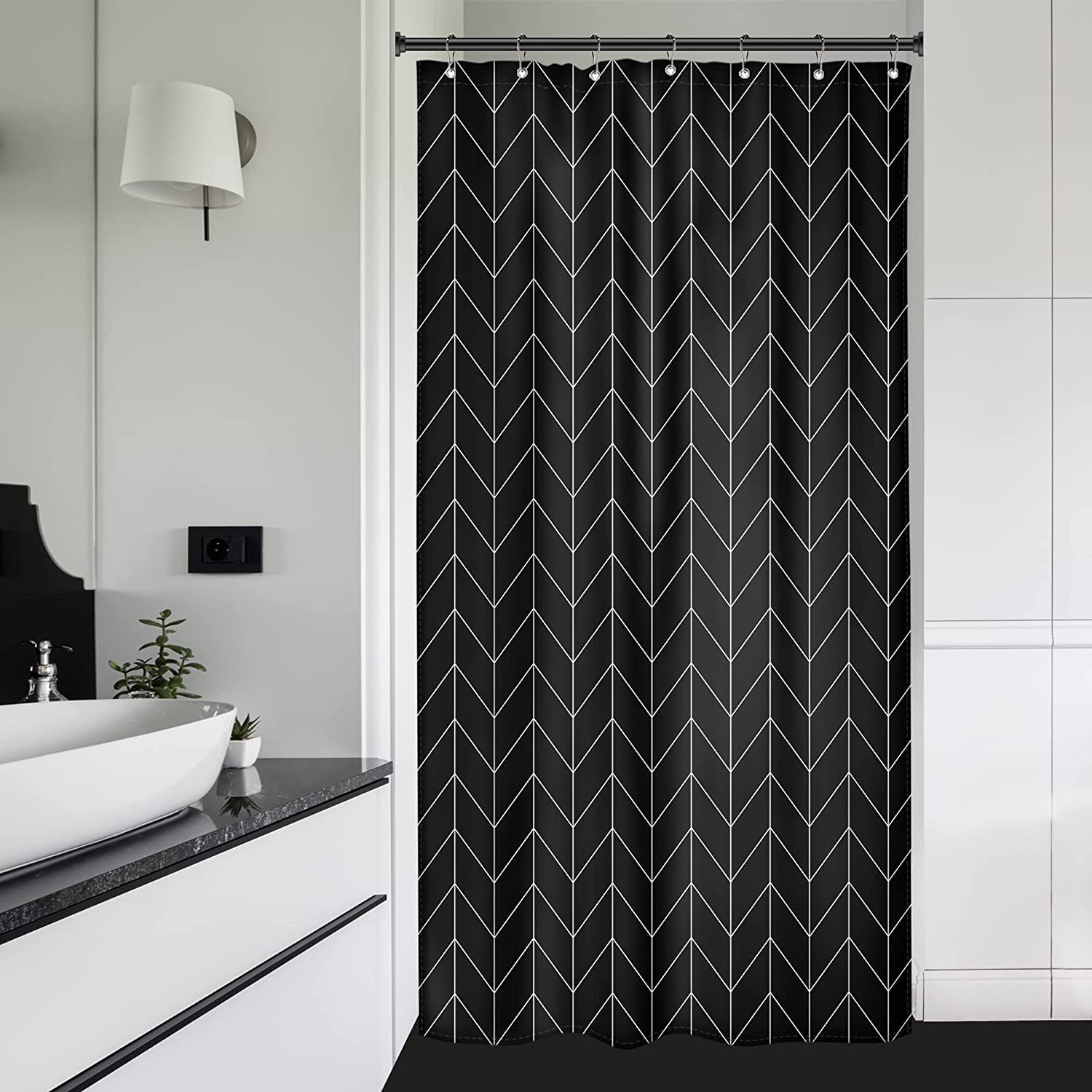 Riyidecor Stall Small Shower Curtain Half 39X72 Inch Black Chevron Herringbone Geometric Striped Simple Modern Classy Neutral 7