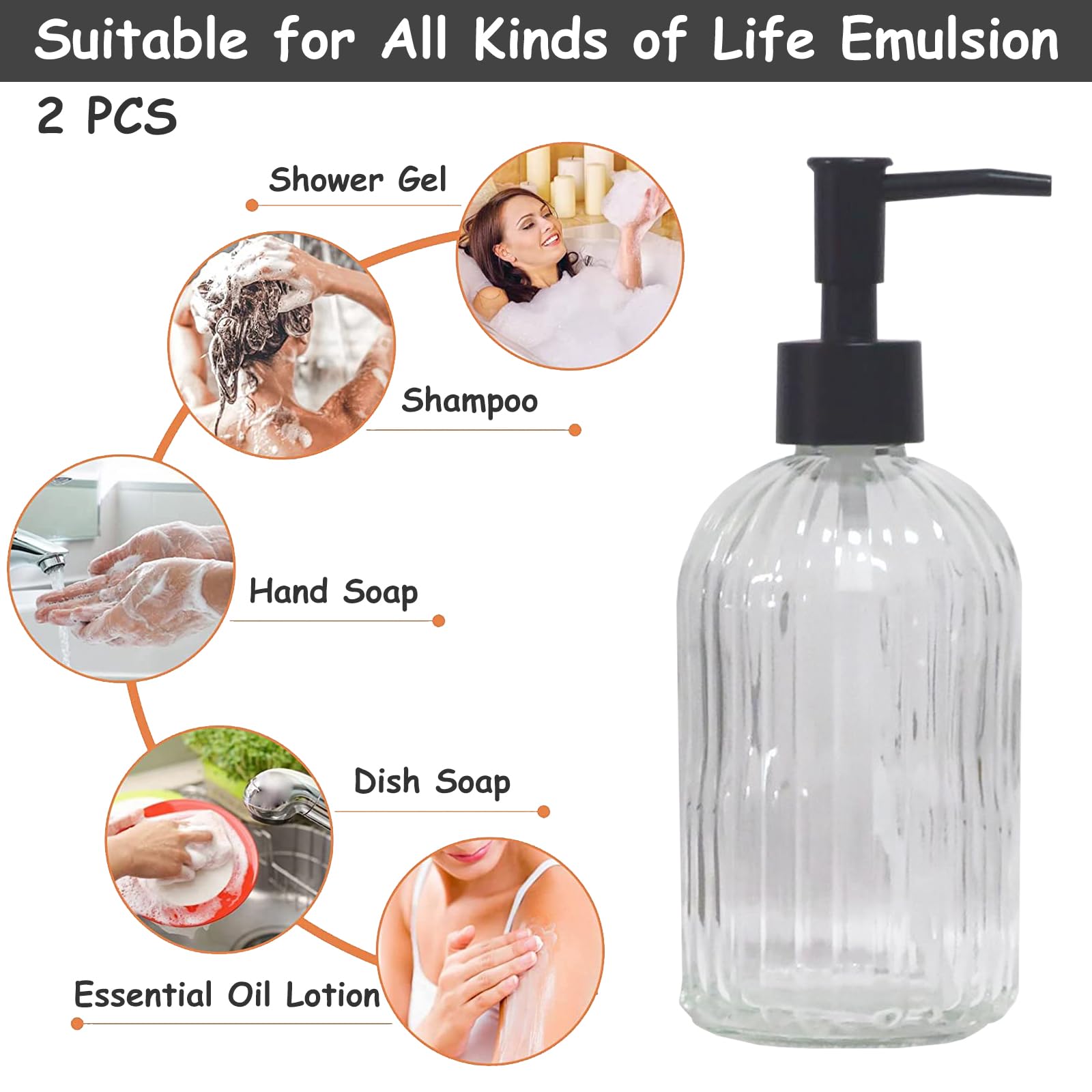 Clear Glass Soap Dispenser With Pump, 2 Pack 13.5Oz Bathroom Soap Dispenser With Vertical Stripe For Hand Wash And Dish Wash, El