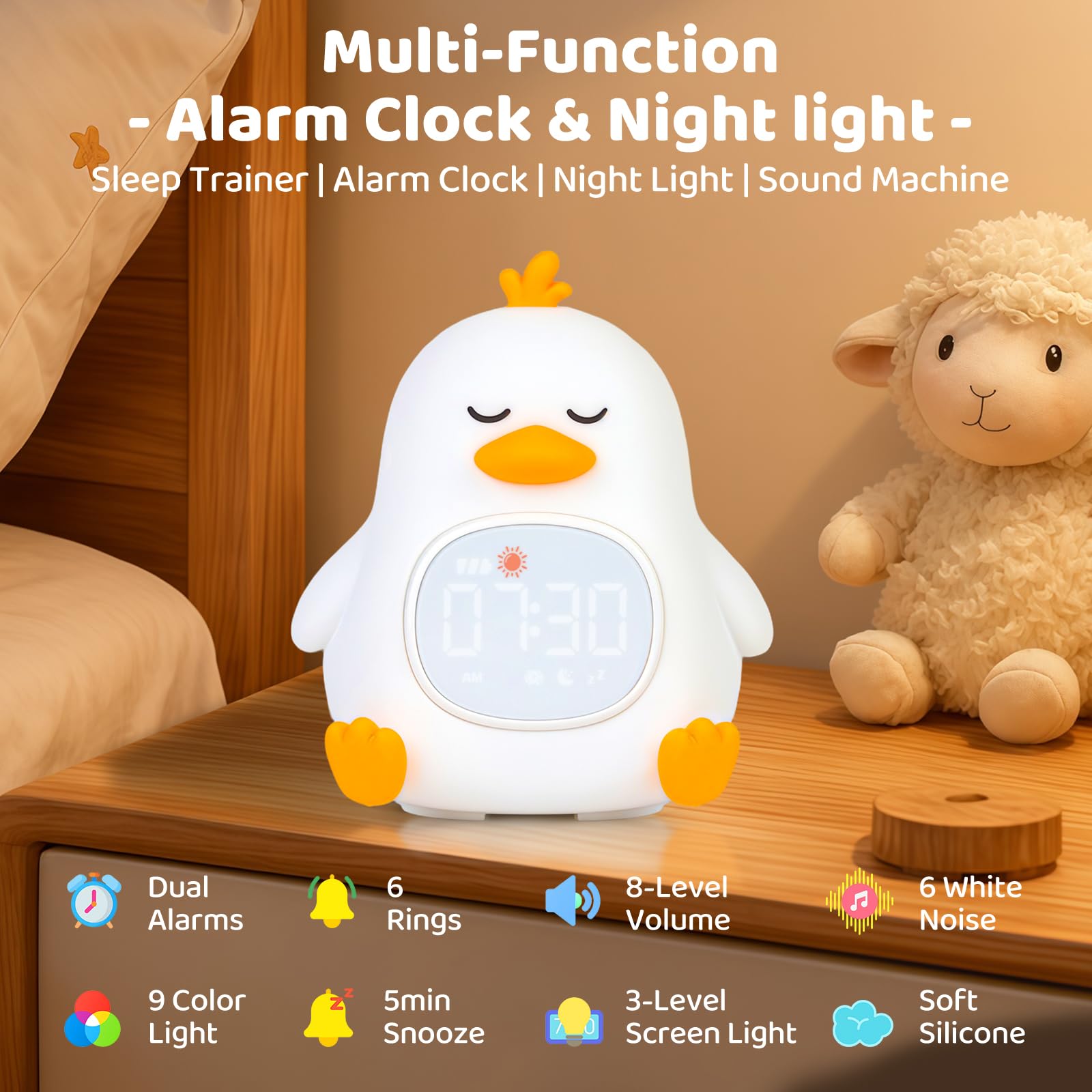 Sleepy Duck Alarm Clock with Night Light for Kids with Sleep Training and Sound Machine, Rechargeable Silicone Lamp OK to Wake C