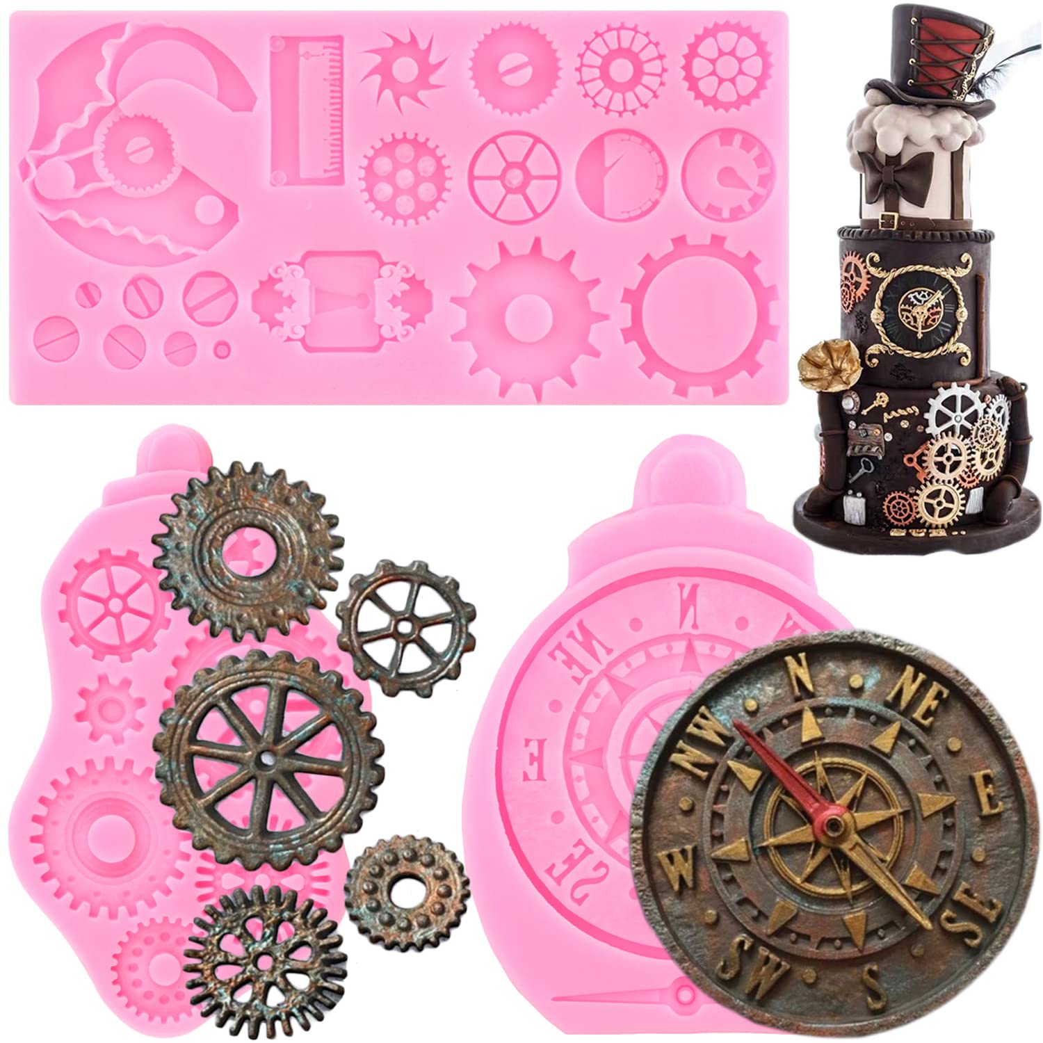 Zixiang Steampunk Gear Silicone Mold Compass Cogs Gears Teeth Fondant Molds For Steampunk Travel Themed Cake Decoration Chocolat