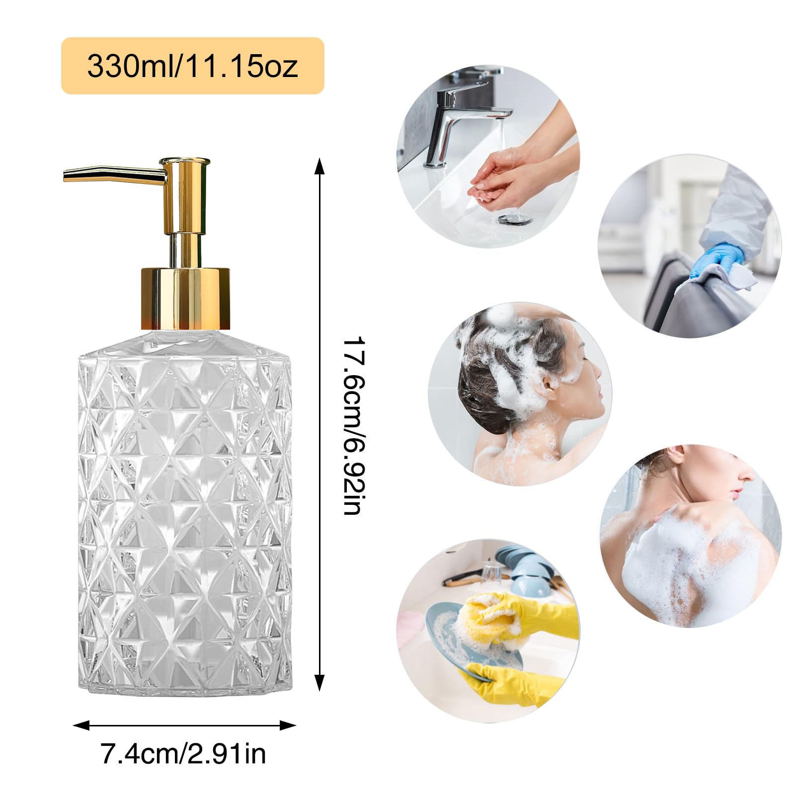 Clear Glass Soap Dispenser With Gold Plastic Pump, 2 Pack 12Oz Diamond Hand Soap Dispenser, Refillable Lotion Dispenser & Dish S