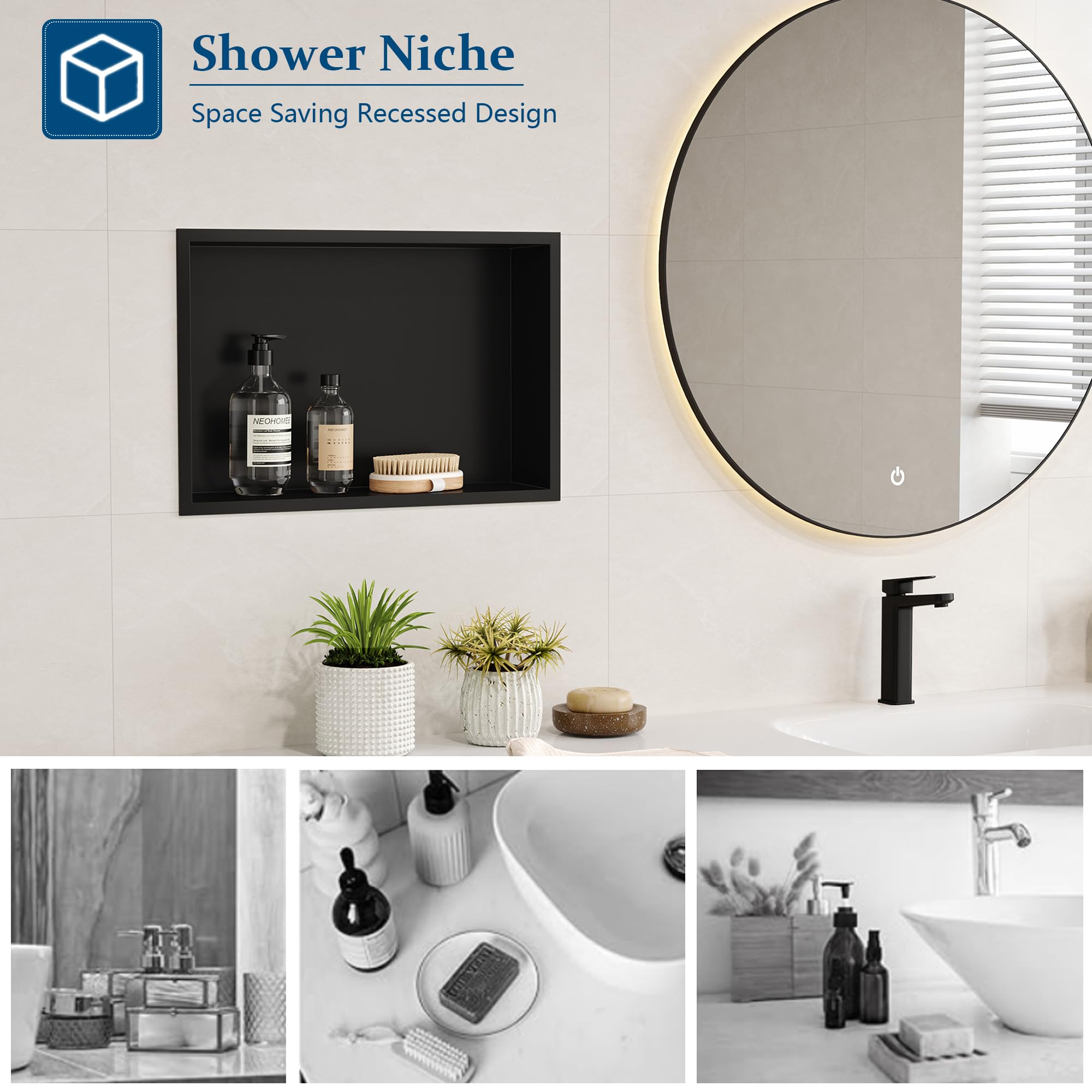 Neodrain Shower Niche, Insert Storage Shower Shelf (Outside Size 19.1   X13.1)(Inner Size 18''X12''), Stainless Steel Wall Niche