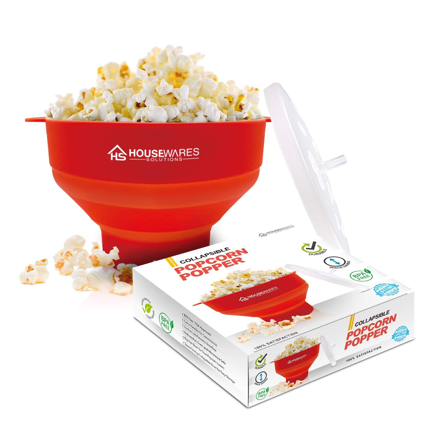 Collapsible Silicone Microwave Hot Air Popcorn Popper Bowl With Lid And Handles - Red
