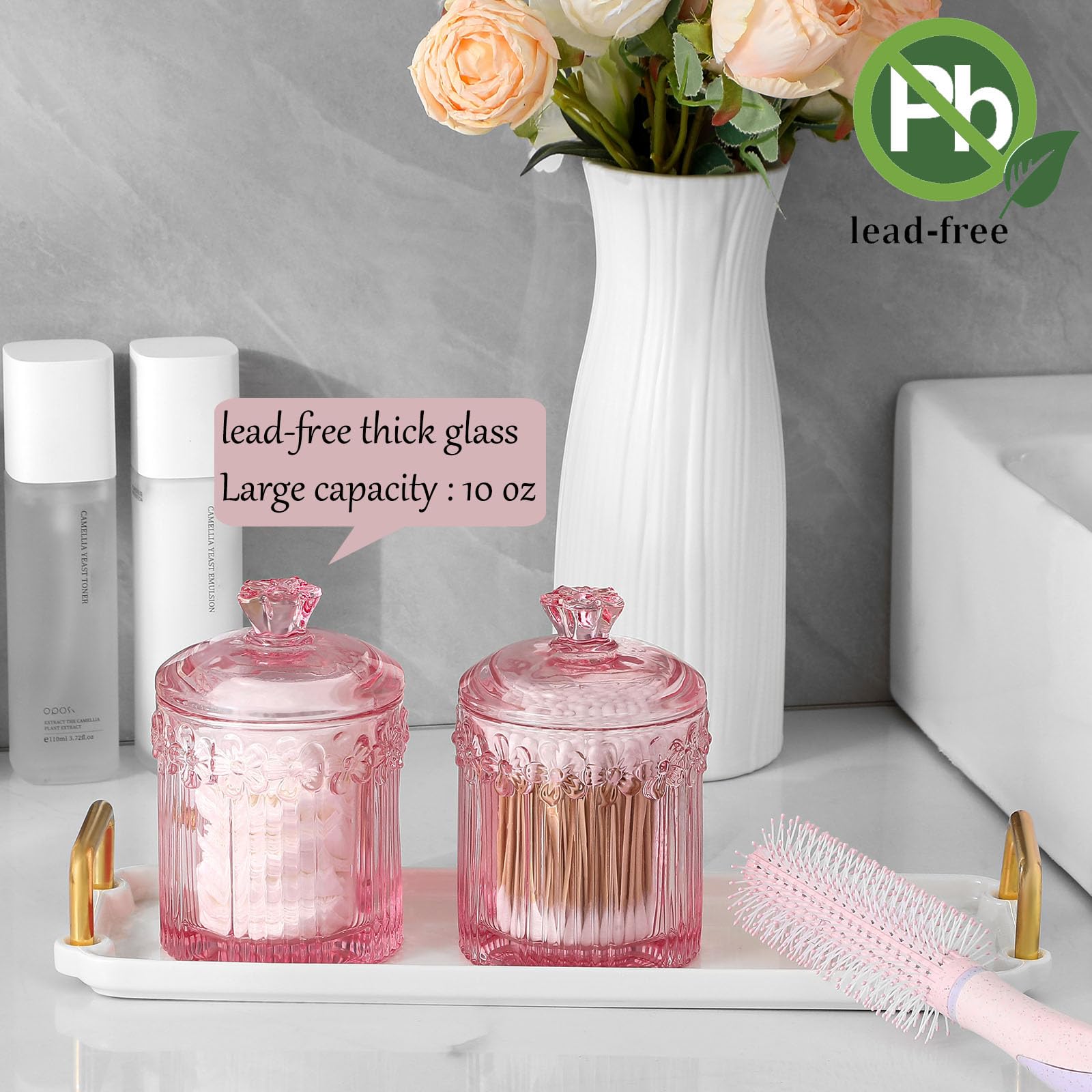 Rejomiik 2 Pack Qtip Holder Glass Apothecary Jars With Lids Set Bathroom Canisters Dispenser Organizers And Storage For Cotton B