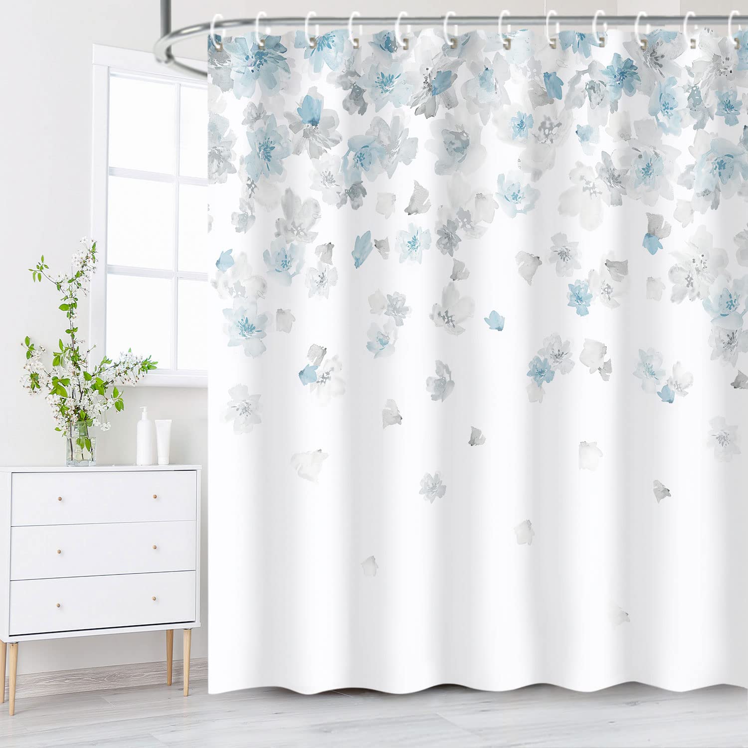 Livilan Floral Shower Curtain, Blue And Gray Shower Curtain, Weeping Flower Shower Curtain With 12 Hooks Light Blue Simple Showe