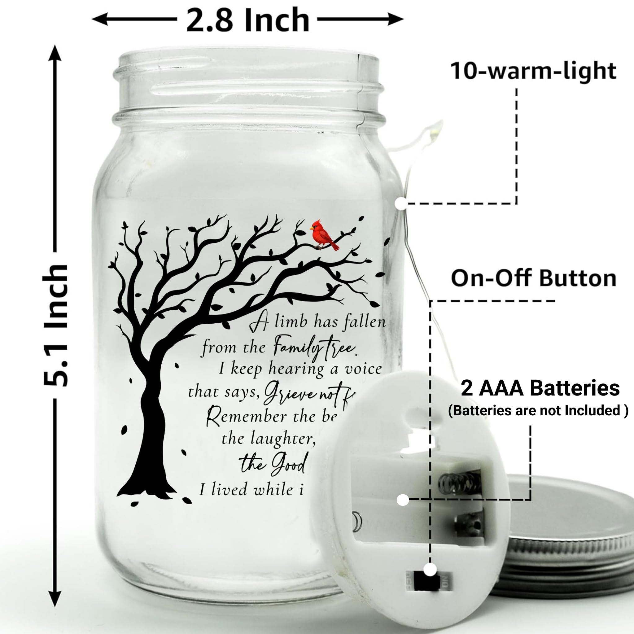 Memorial Gifts Mason Jar Light, Red Cardinal - Memory Gifts for Loss Loved Ones, Bereavement Gift Idea, Sympathy Loss of Mother,