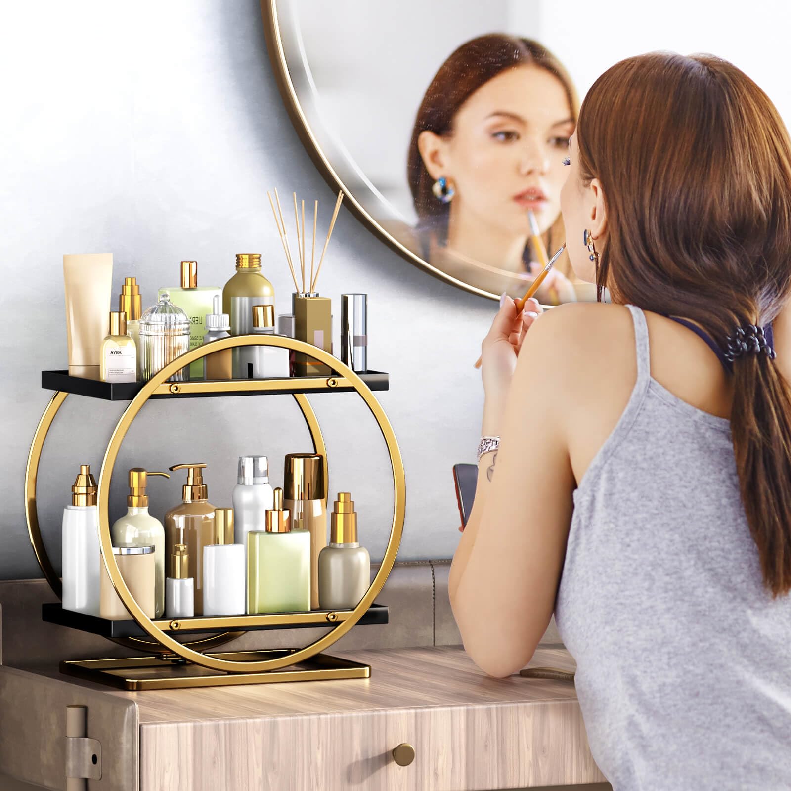 Yiwanfw Makeup Organizer For Vanity, Black Gold Perfume Organizer For Dresser- 2 Tier Skincare Organizers Bathroom Countertop Or